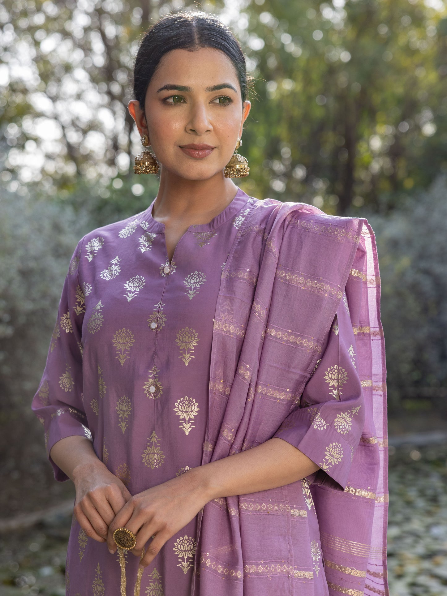 Chanderi Gold foil Straight Purple Kurta