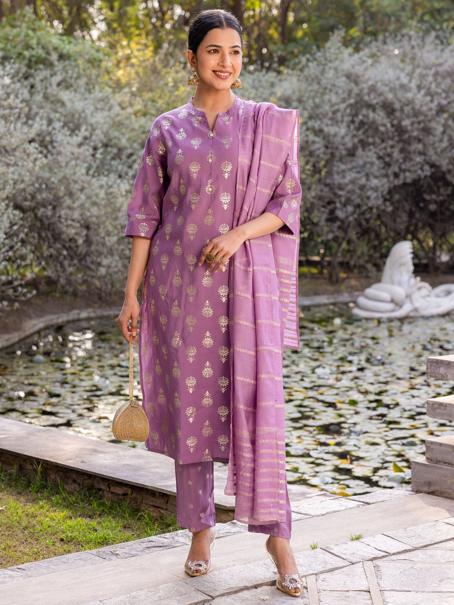 Chanderi Gold foil Straight Purple Kurta