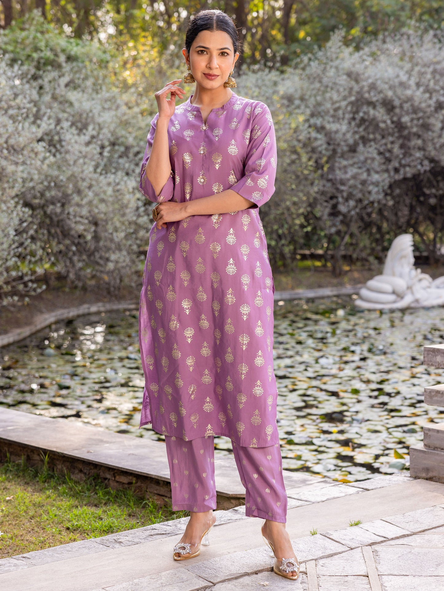 Chanderi Gold foil Straight Purple Kurta