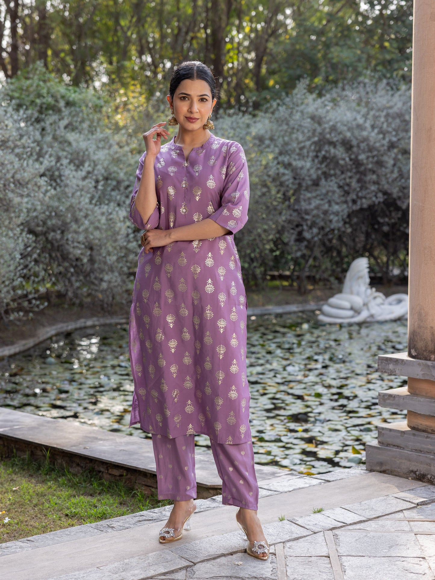 Chanderi Gold foil Straight Purple Kurta
