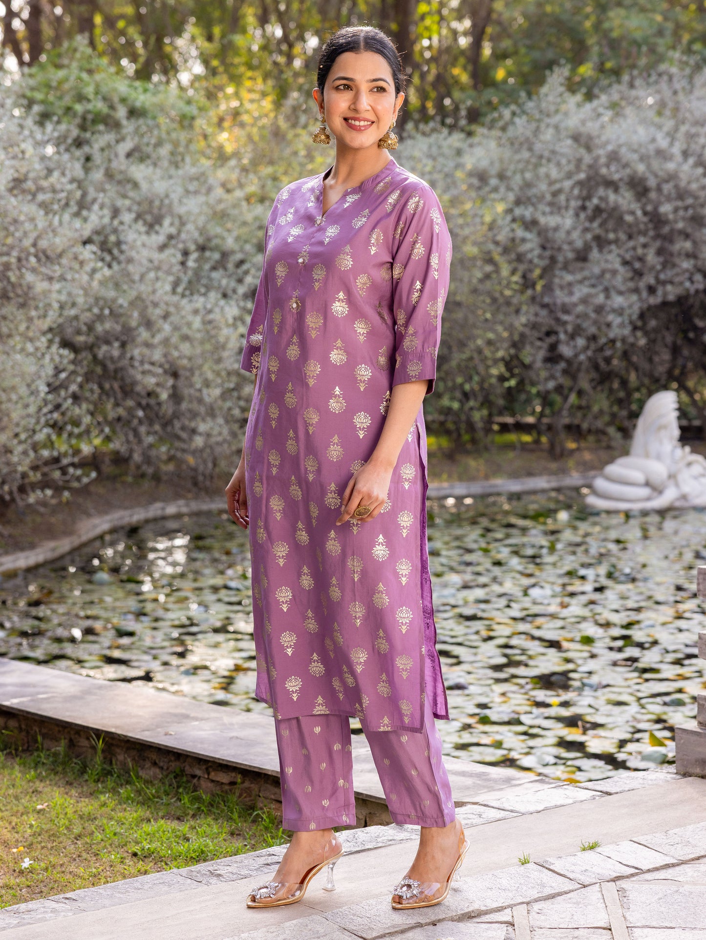 Chanderi Gold foil Straight Purple Kurta