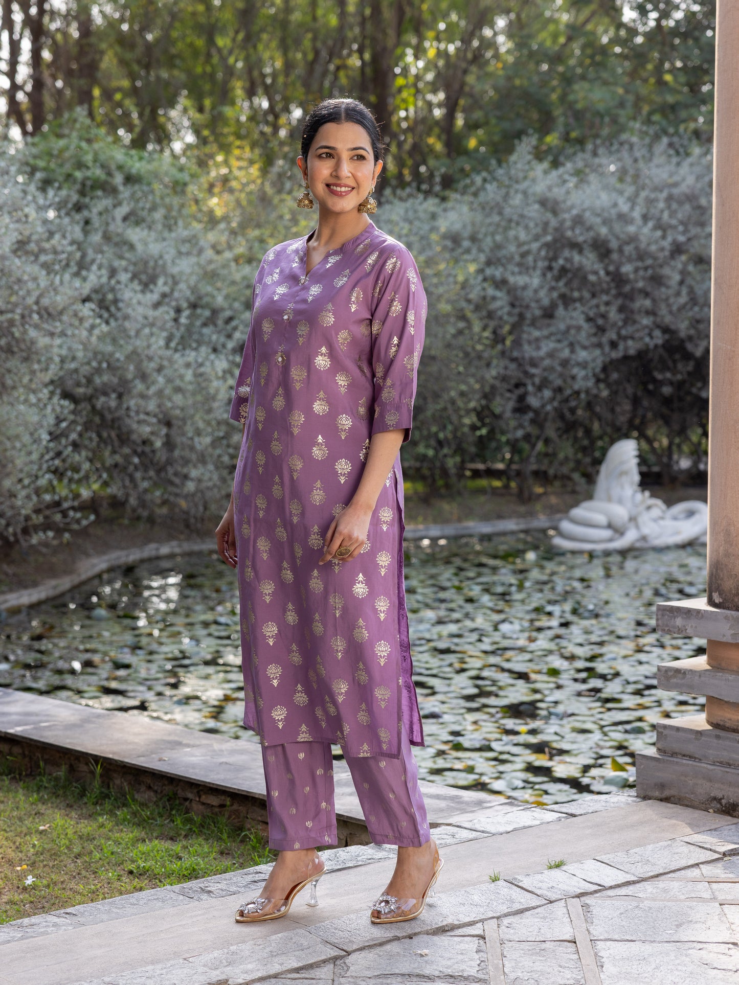 Chanderi Gold foil Straight Purple Kurta