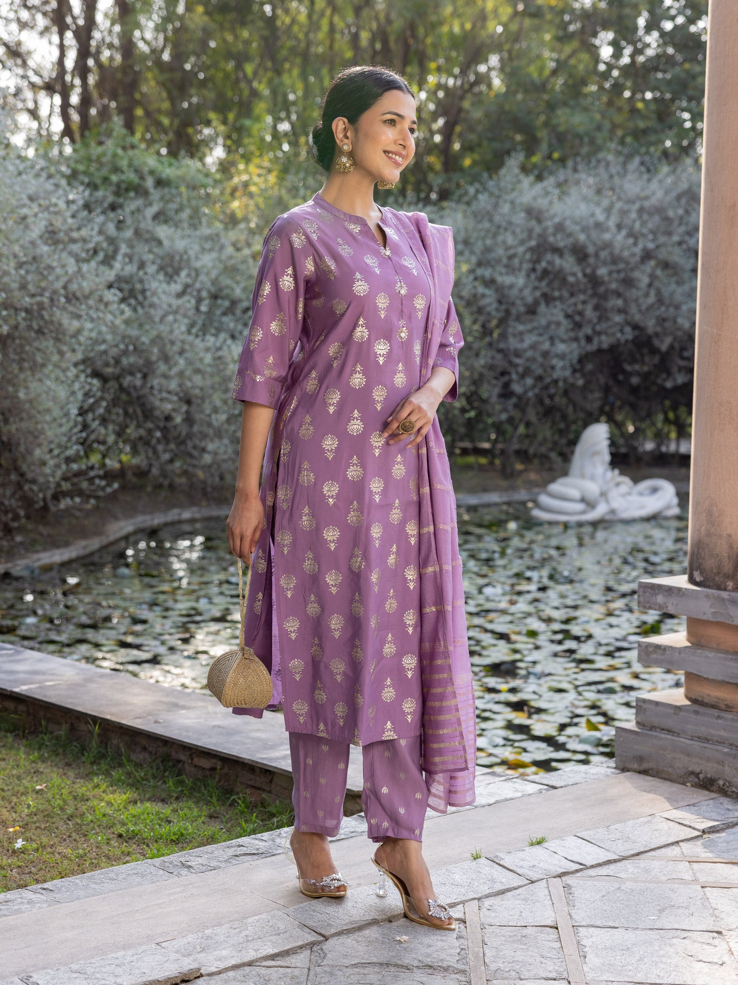 Chanderi Gold foil Straight Purple Kurta