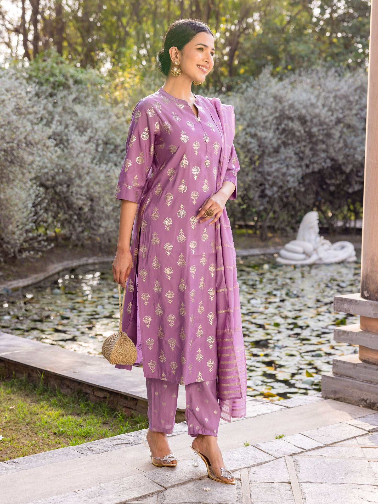 Chanderi Gold foil Straight Purple Kurta