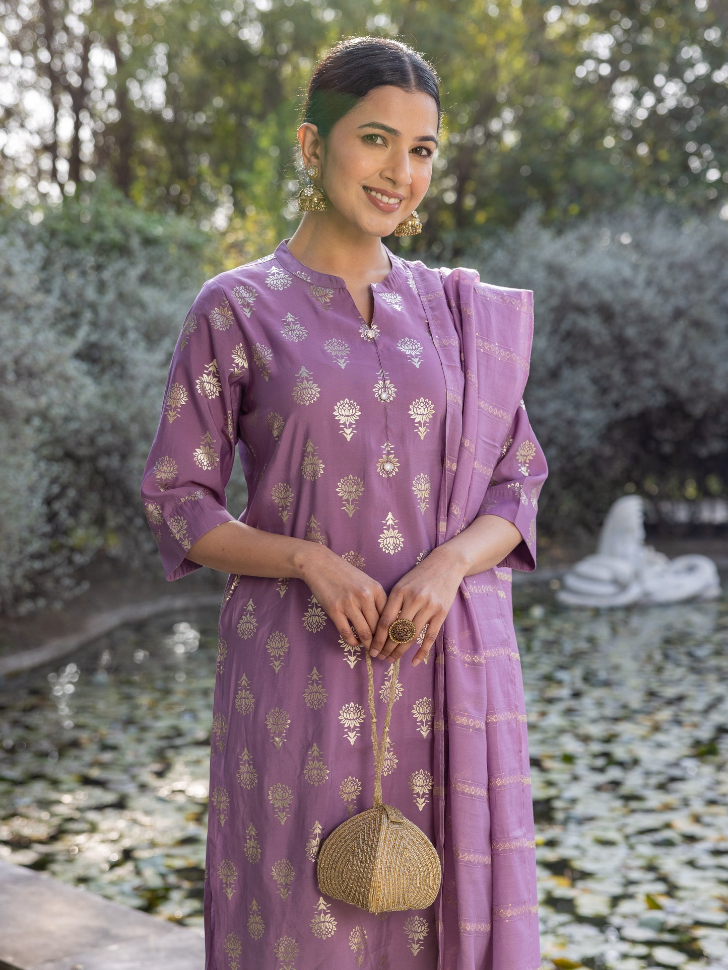 Chanderi Gold foil Straight Purple Kurta