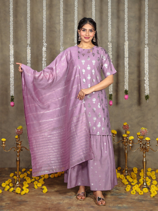 Chanderi Gold Foil Straight Purple Kurta