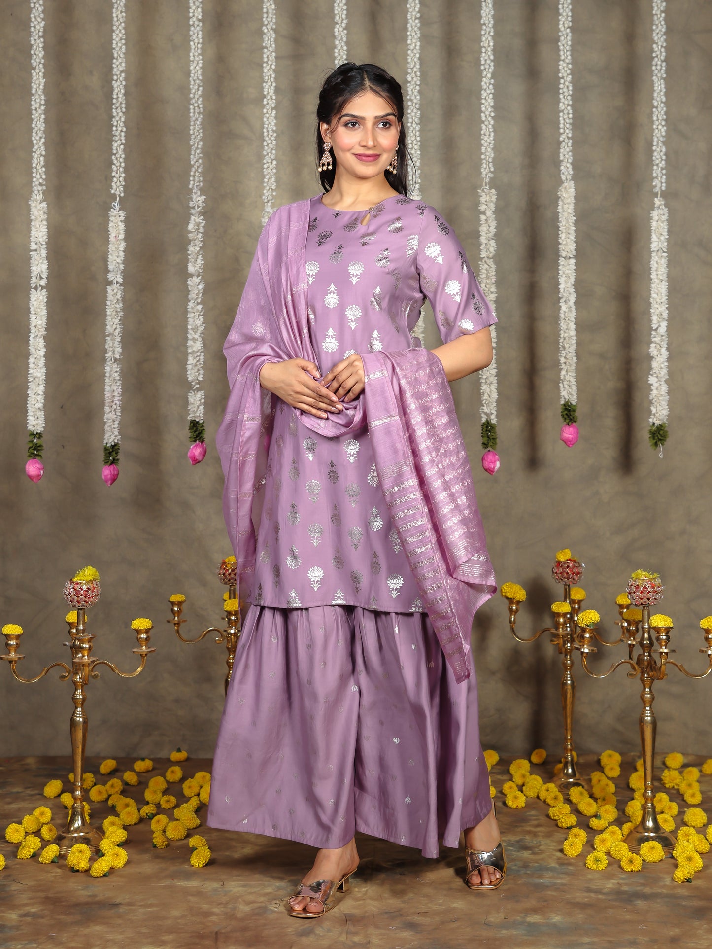 Chanderi Gold Foil Straight Purple Kurta