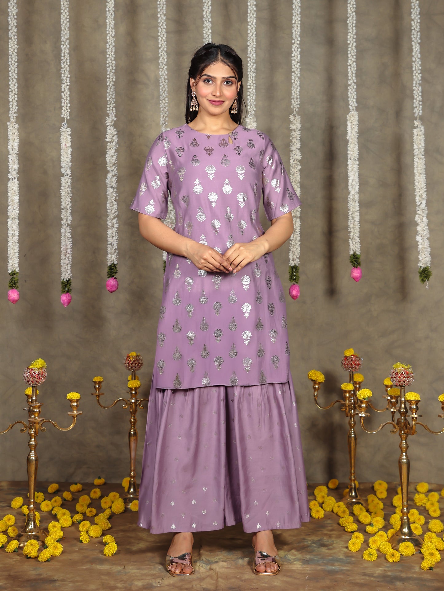 Chanderi Gold Foil Straight Purple Kurta