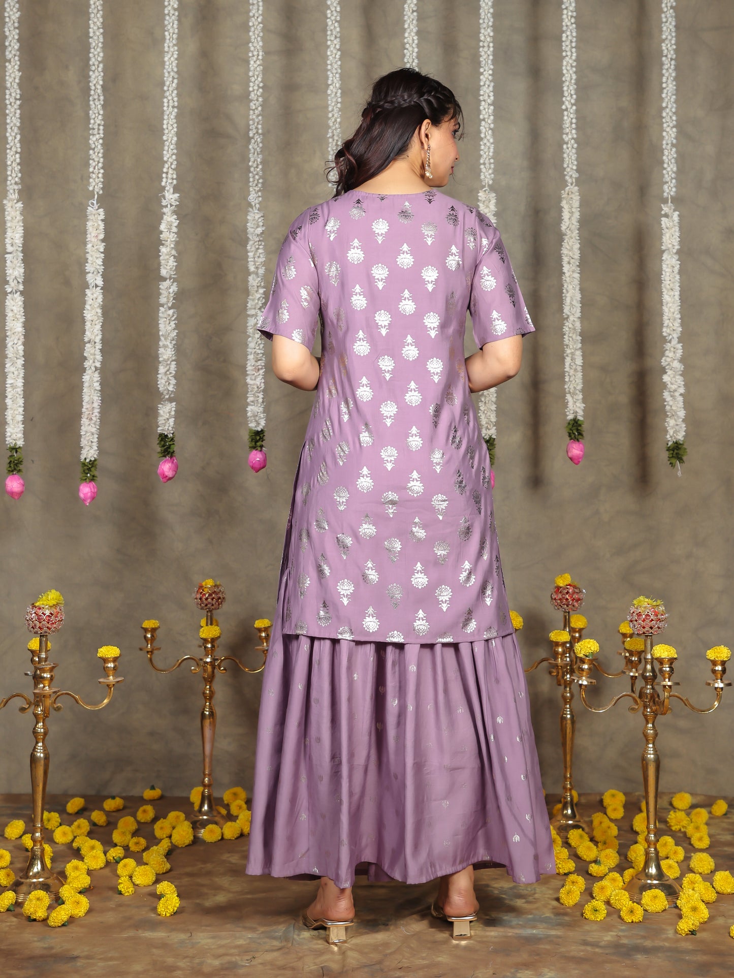 Chanderi Gold Foil Straight Purple Kurta