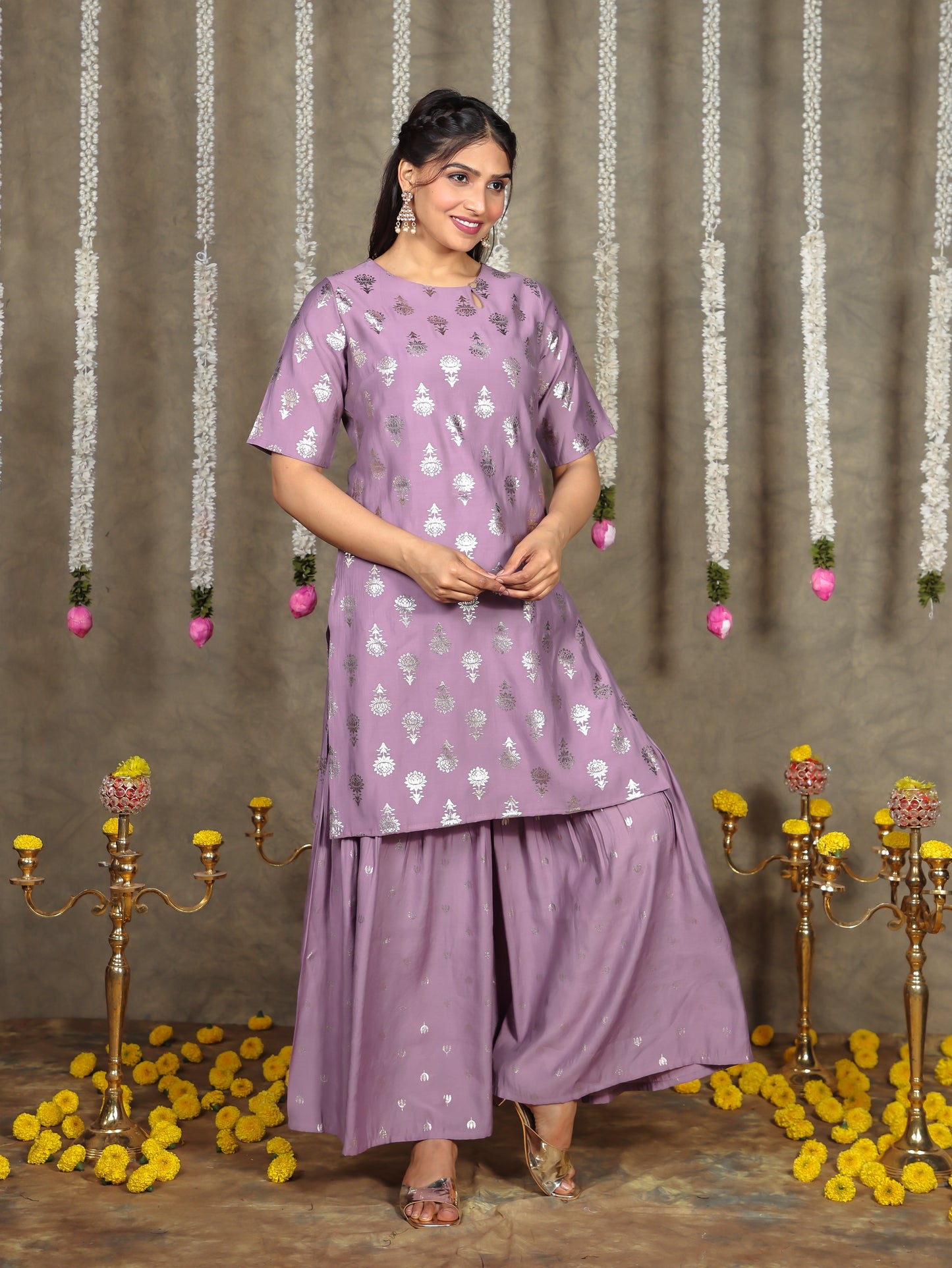 Chanderi Gold Foil Straight Purple Kurta