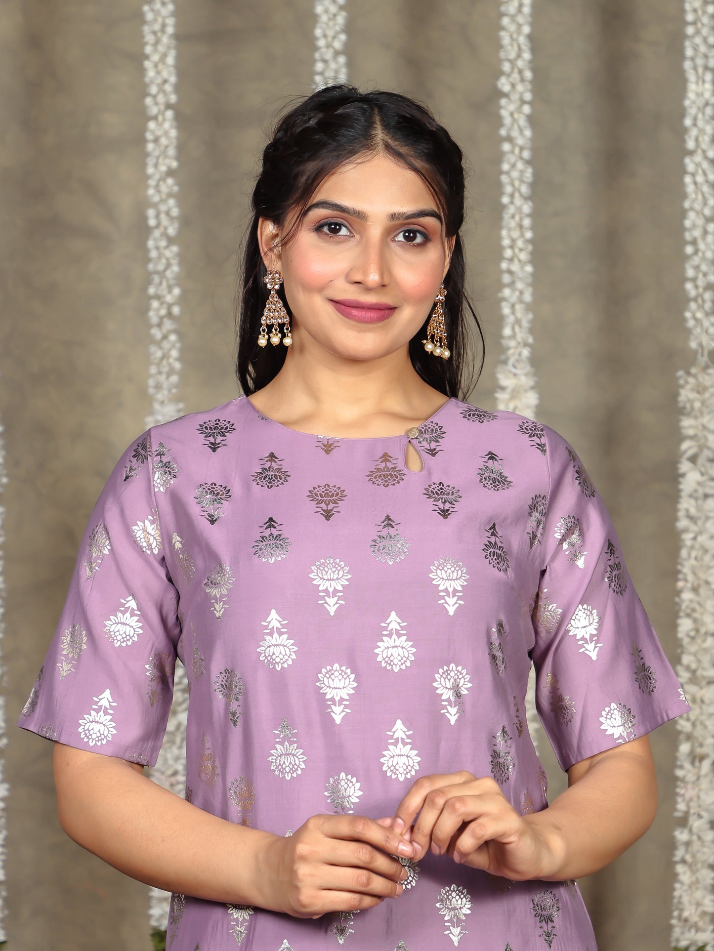 Chanderi Gold Foil Straight Purple Kurta