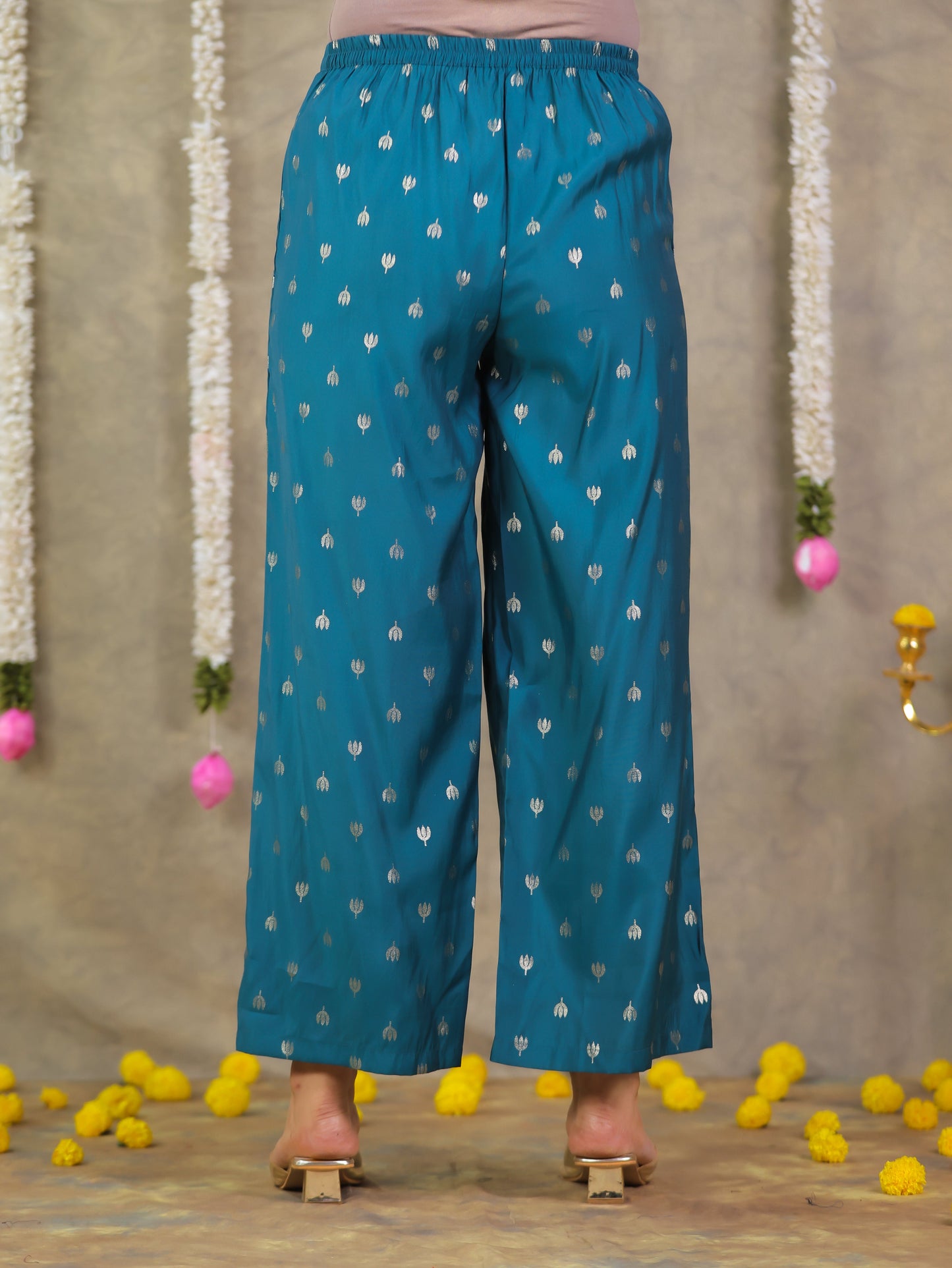 Chanderi Gold foil Teal Palazzo