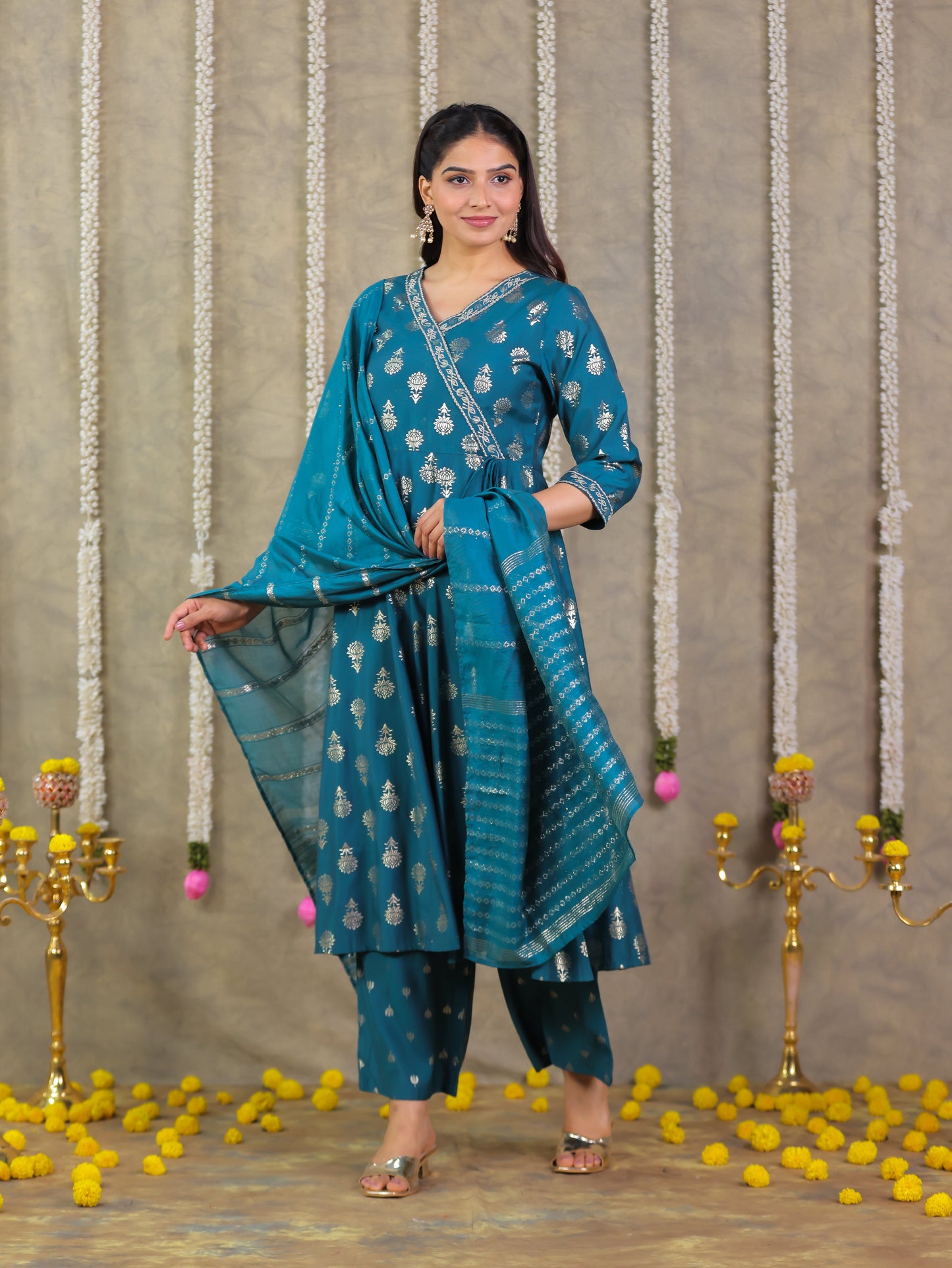 Roman silk Gold foil Angrakha Teal Kurta