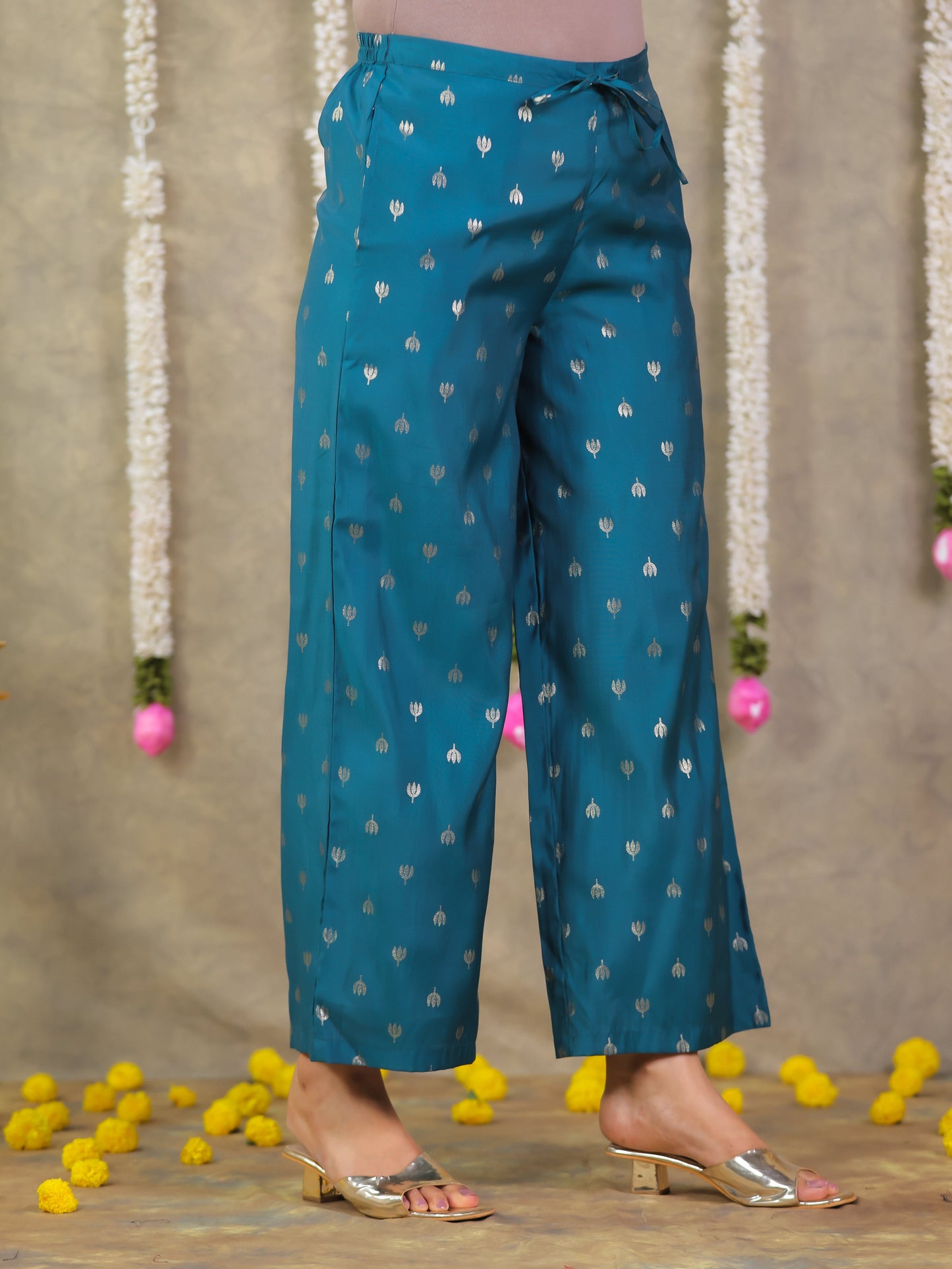 Roman silk Gold foil Angrakha Teal Kurta