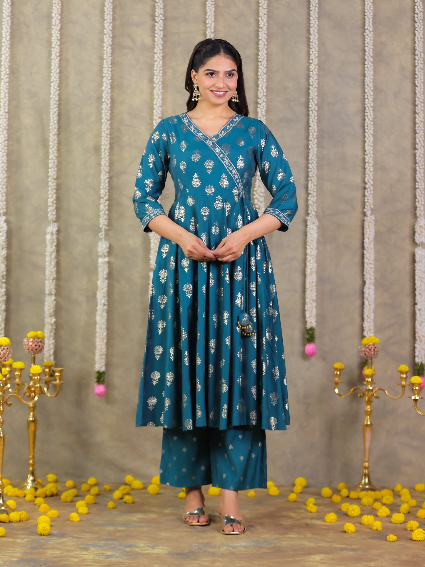 Roman silk Gold foil Angrakha Teal Kurta