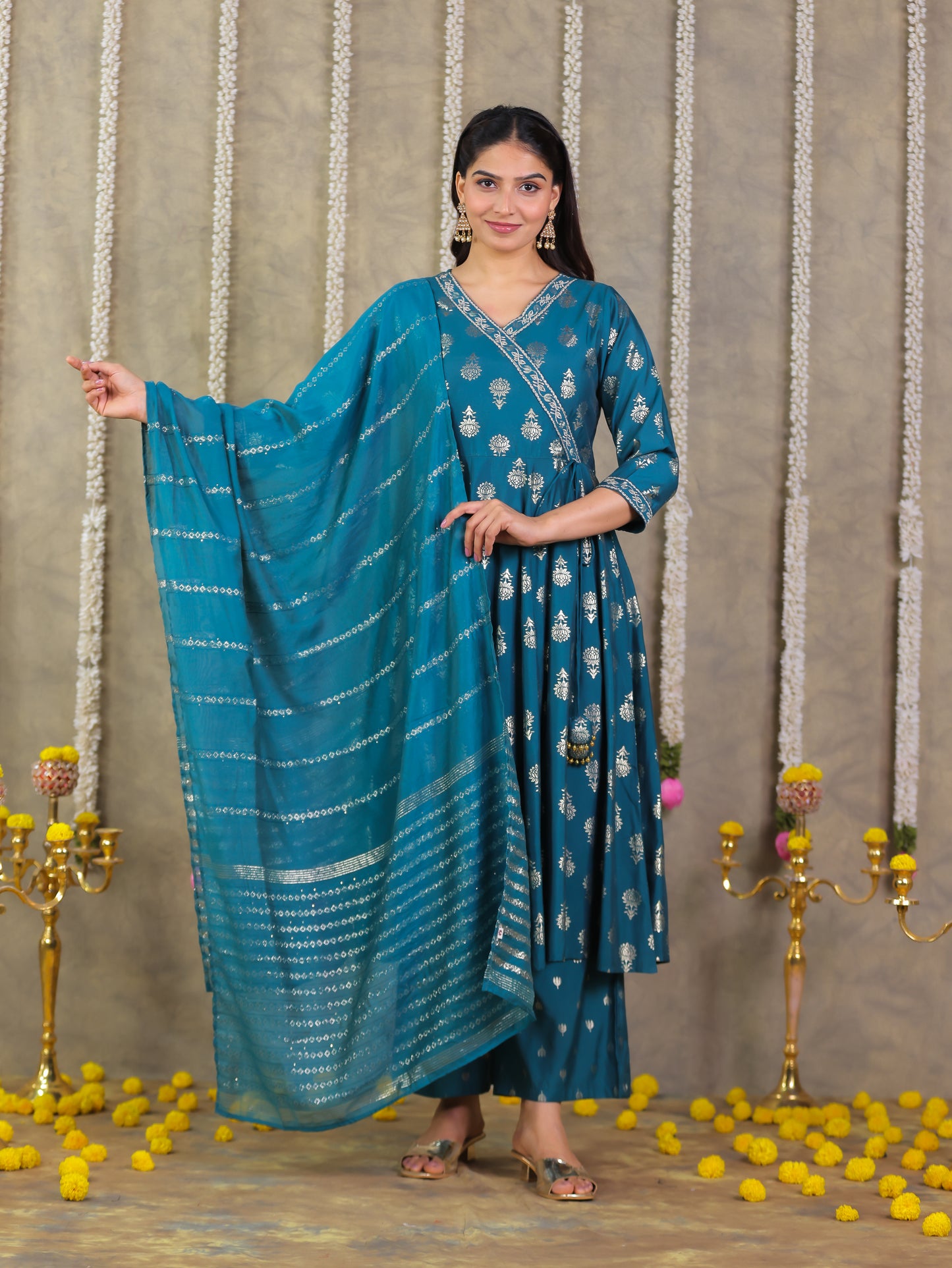 Roman silk Gold foil Angrakha Teal Kurta