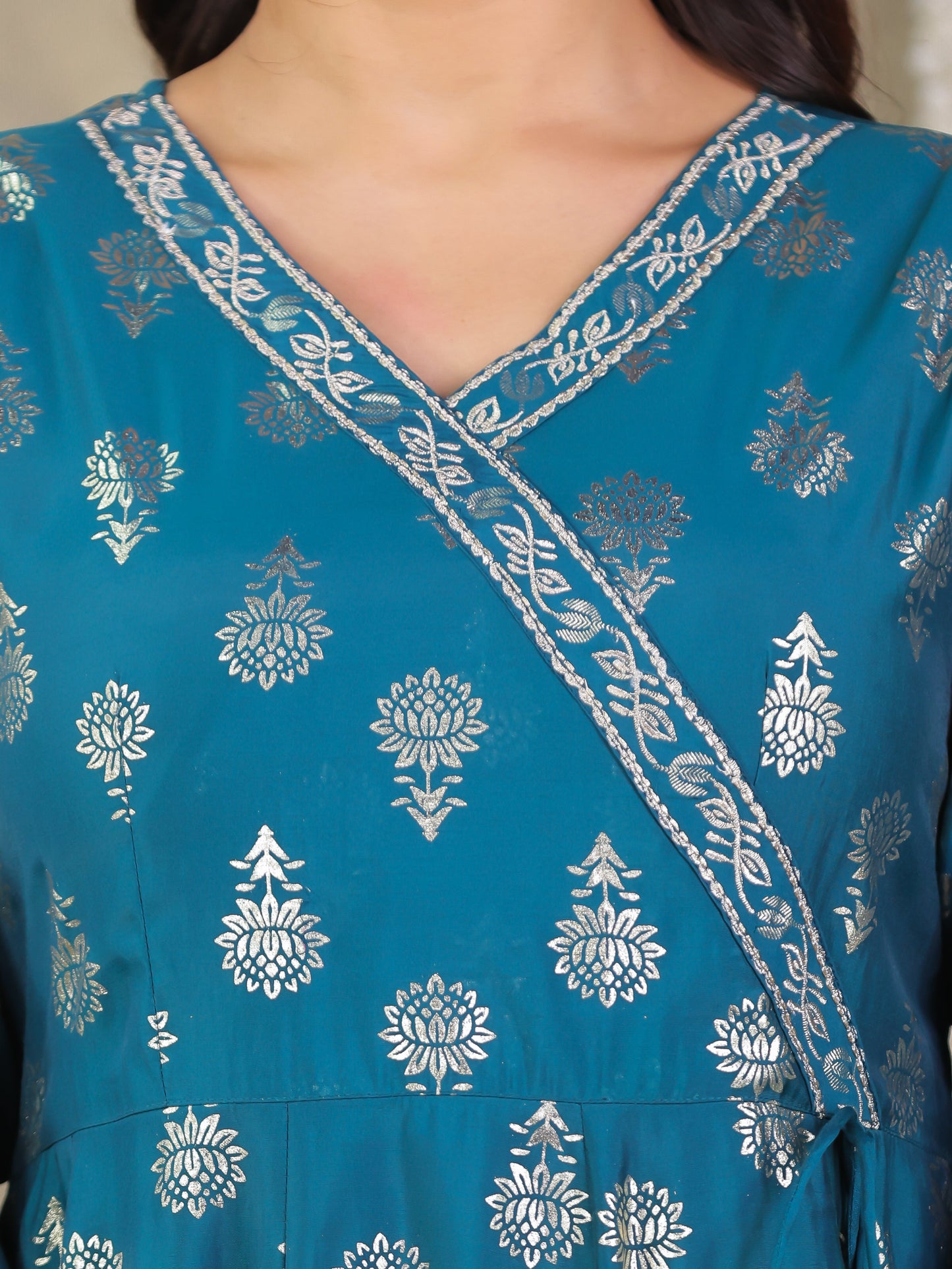 Roman silk Gold foil Angrakha Teal Kurta