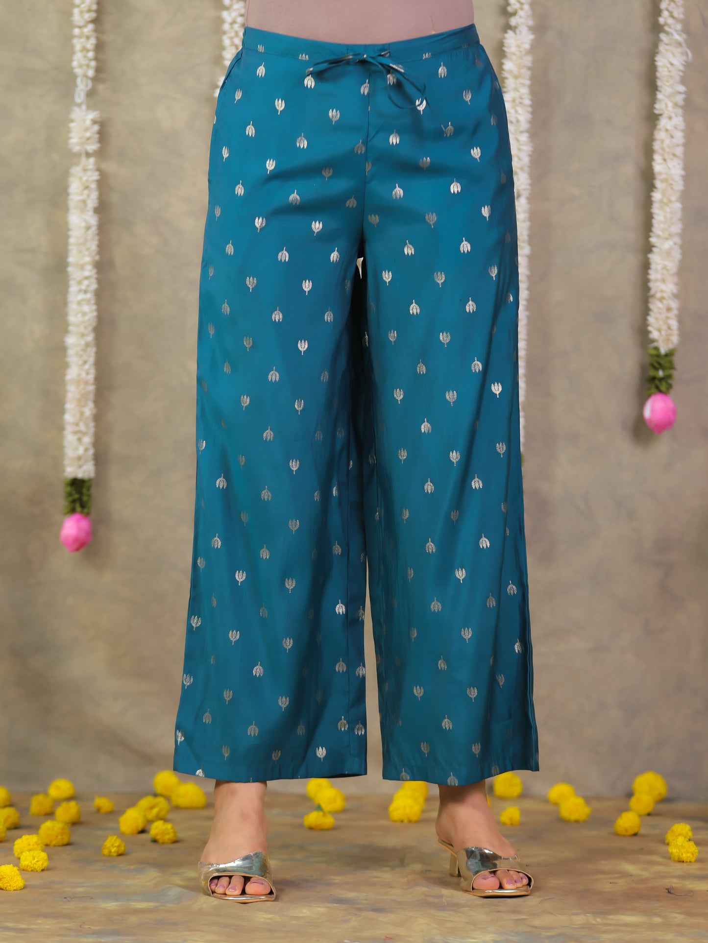 Roman silk Gold foil Angrakha Teal Kurta