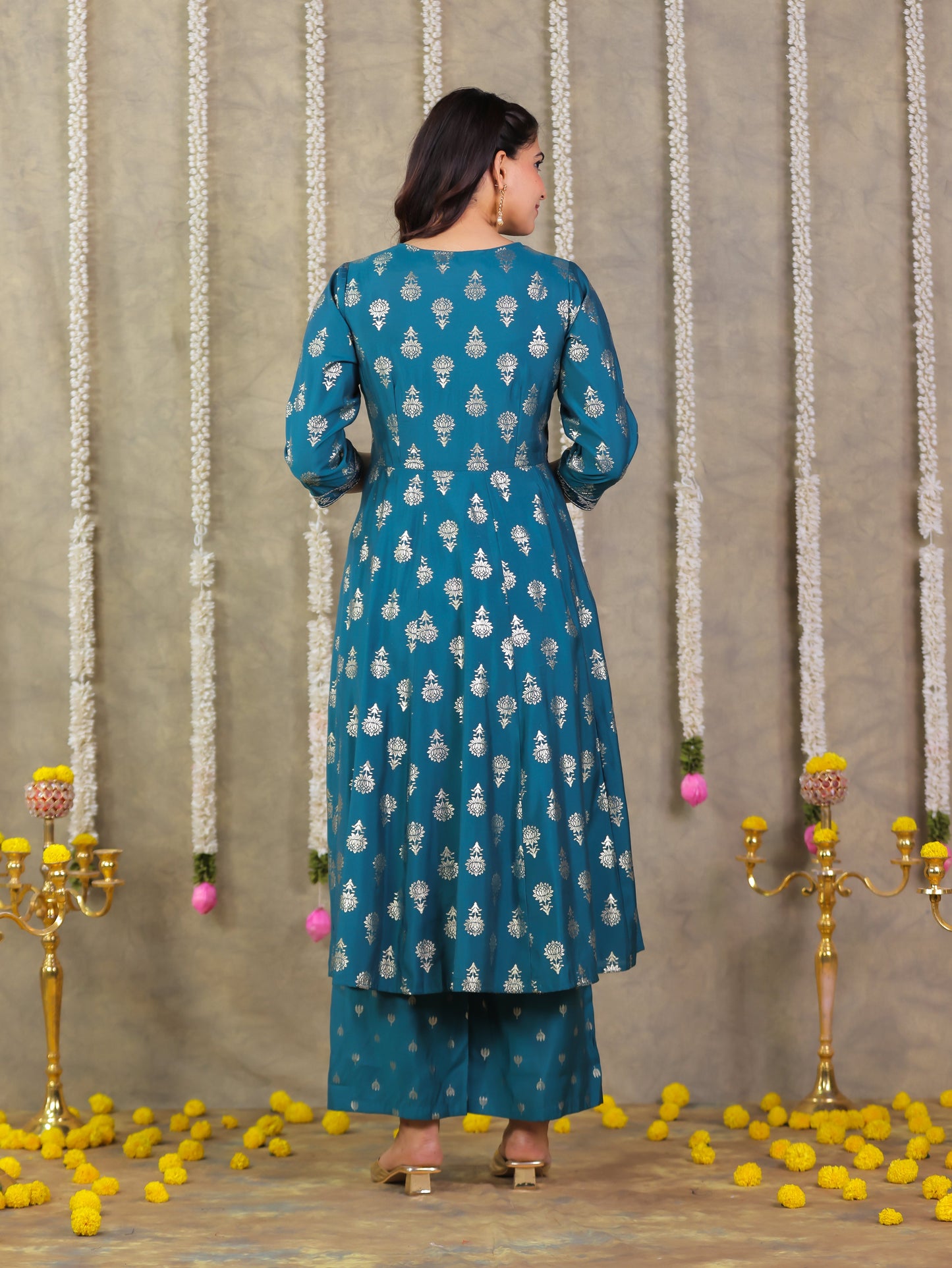 Roman silk Gold foil Angrakha Teal Kurta