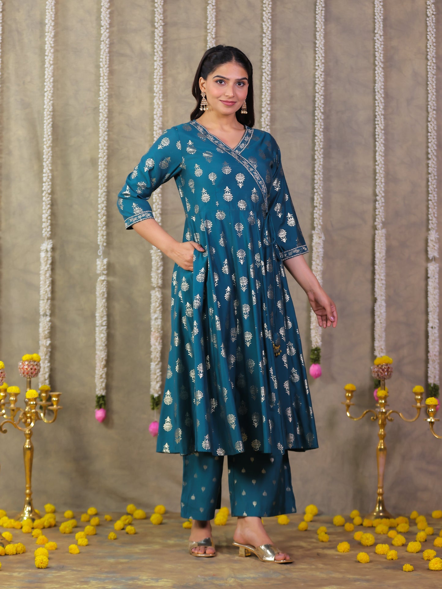 Roman silk Gold foil Angrakha Teal Kurta