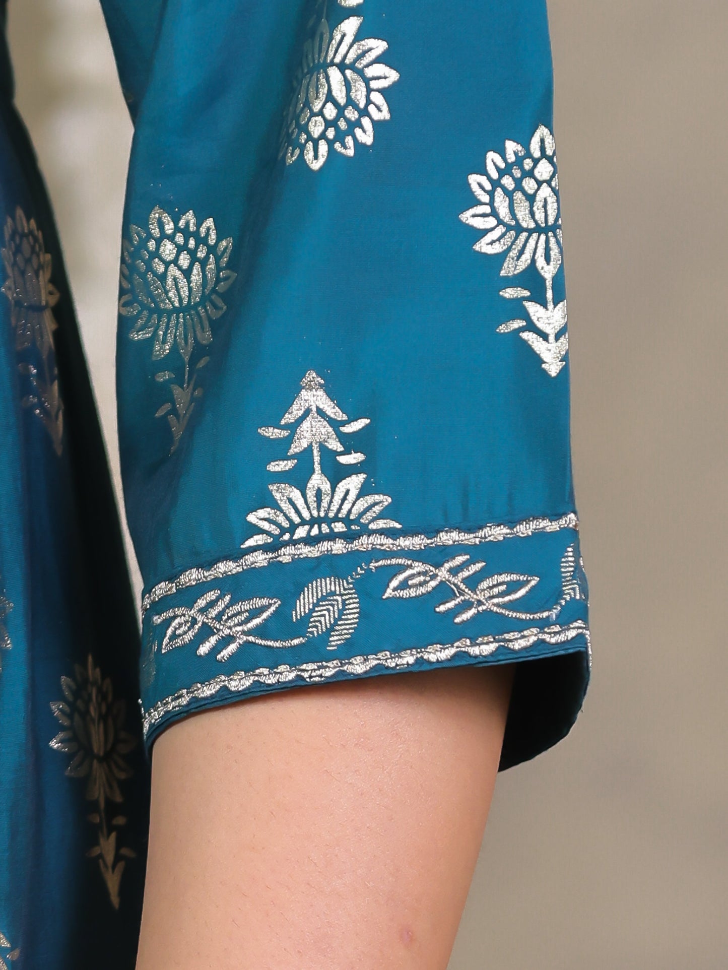 Roman silk Gold foil Angrakha Teal Kurta