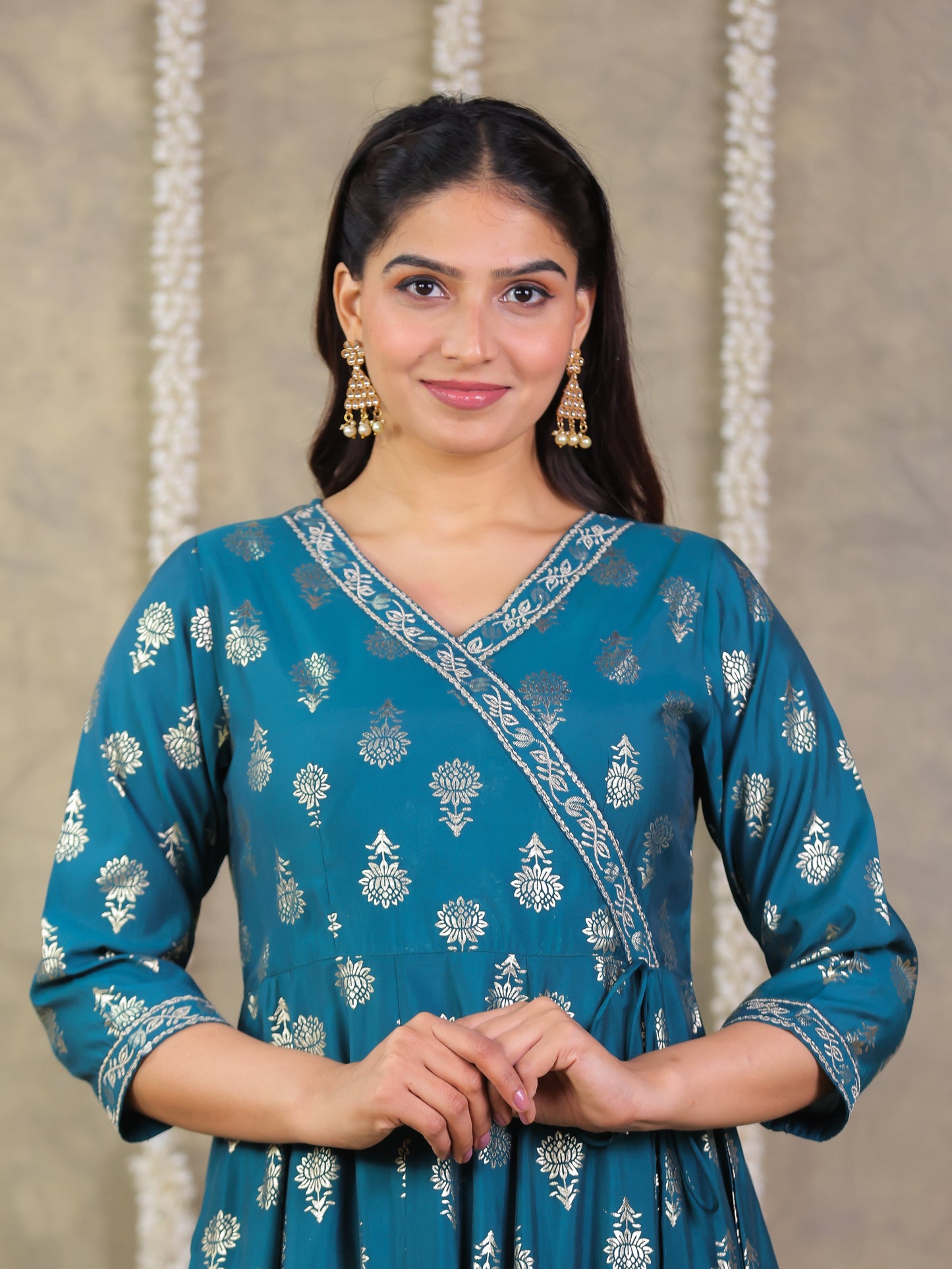 Roman silk Gold foil Angrakha Teal Kurta