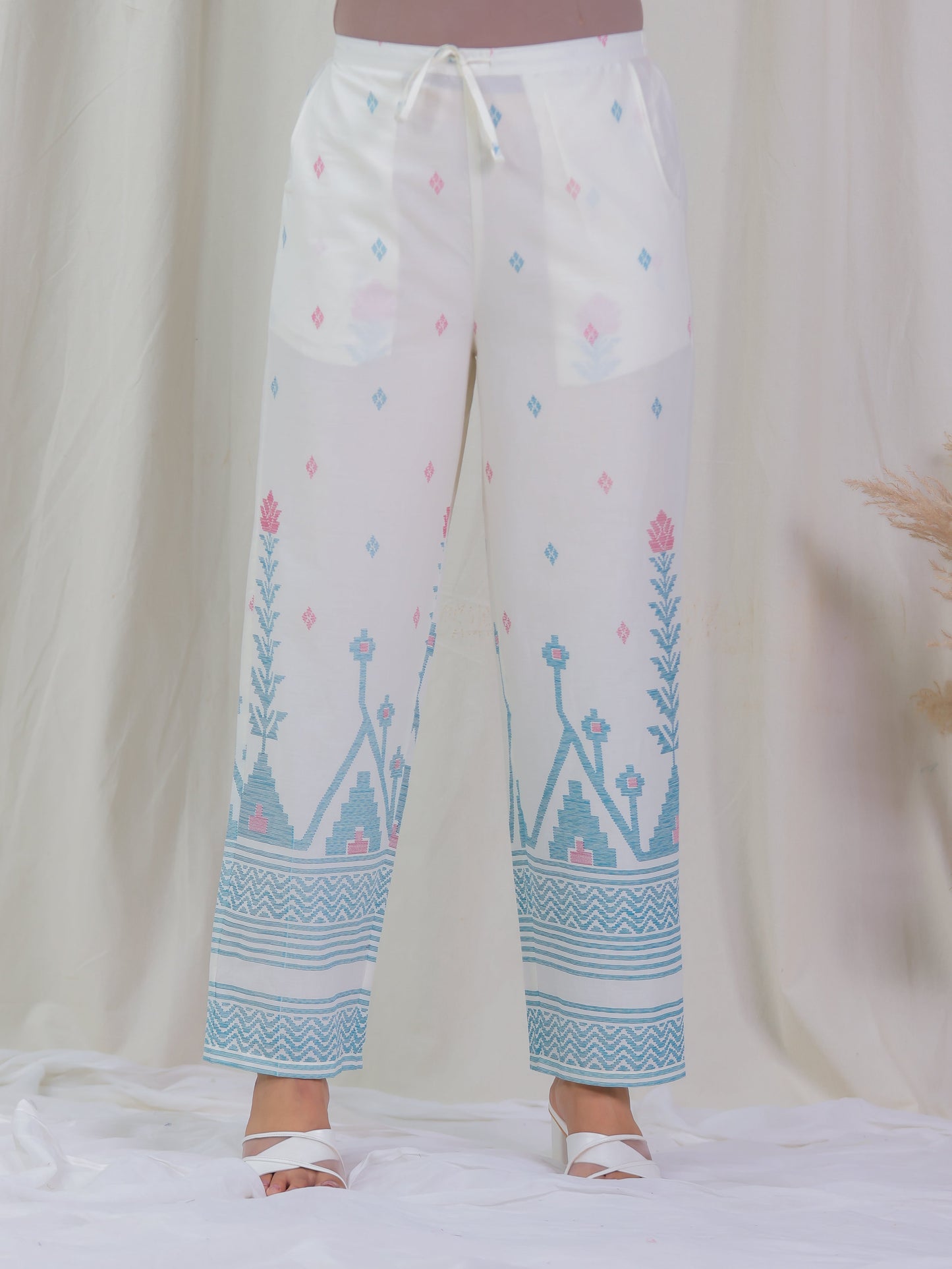 Soft Cotton Geometric Off White Straight Trousers