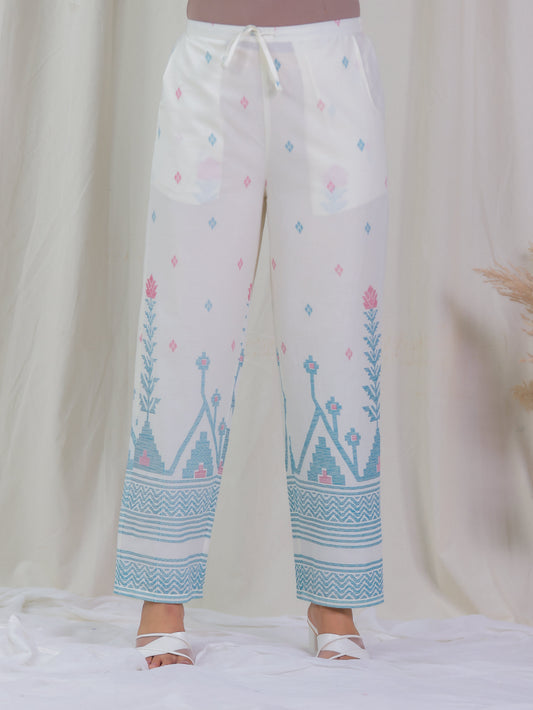 Soft Cotton Geometric Off White Straight Trousers
