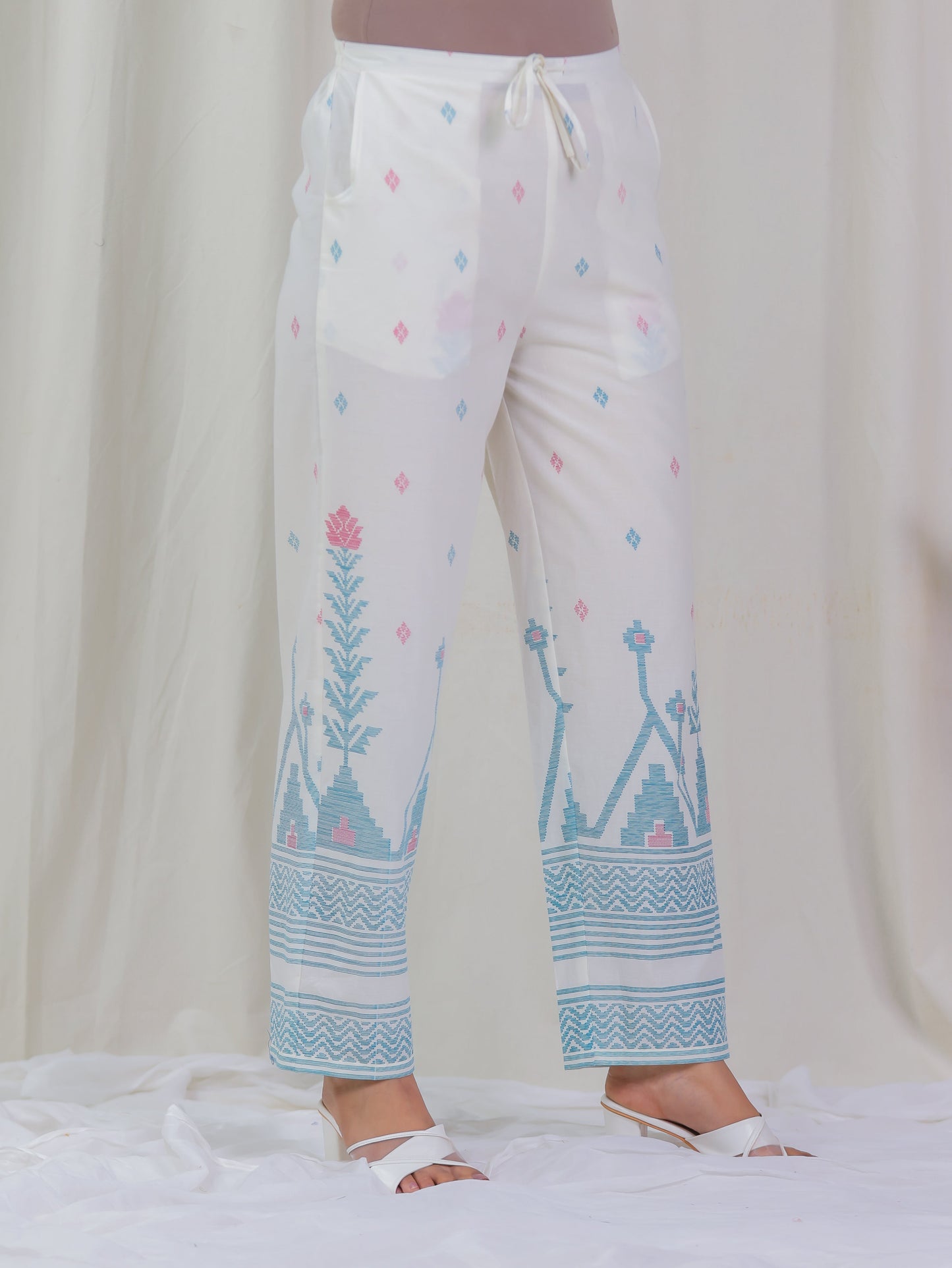 Soft Cotton Geometric Off White Straight Trousers