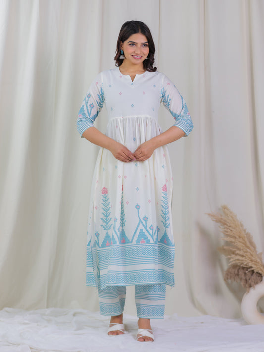 Soft Cotton Geometric Gathered Off White Kurta