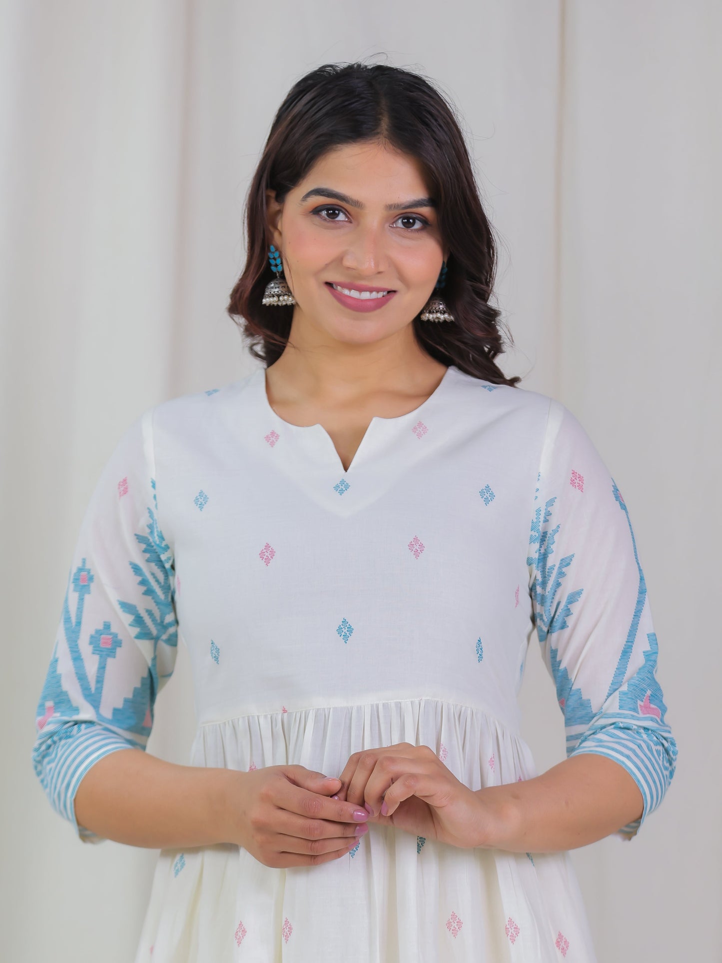 Soft Cotton Geometric Gathered Off White Kurta
