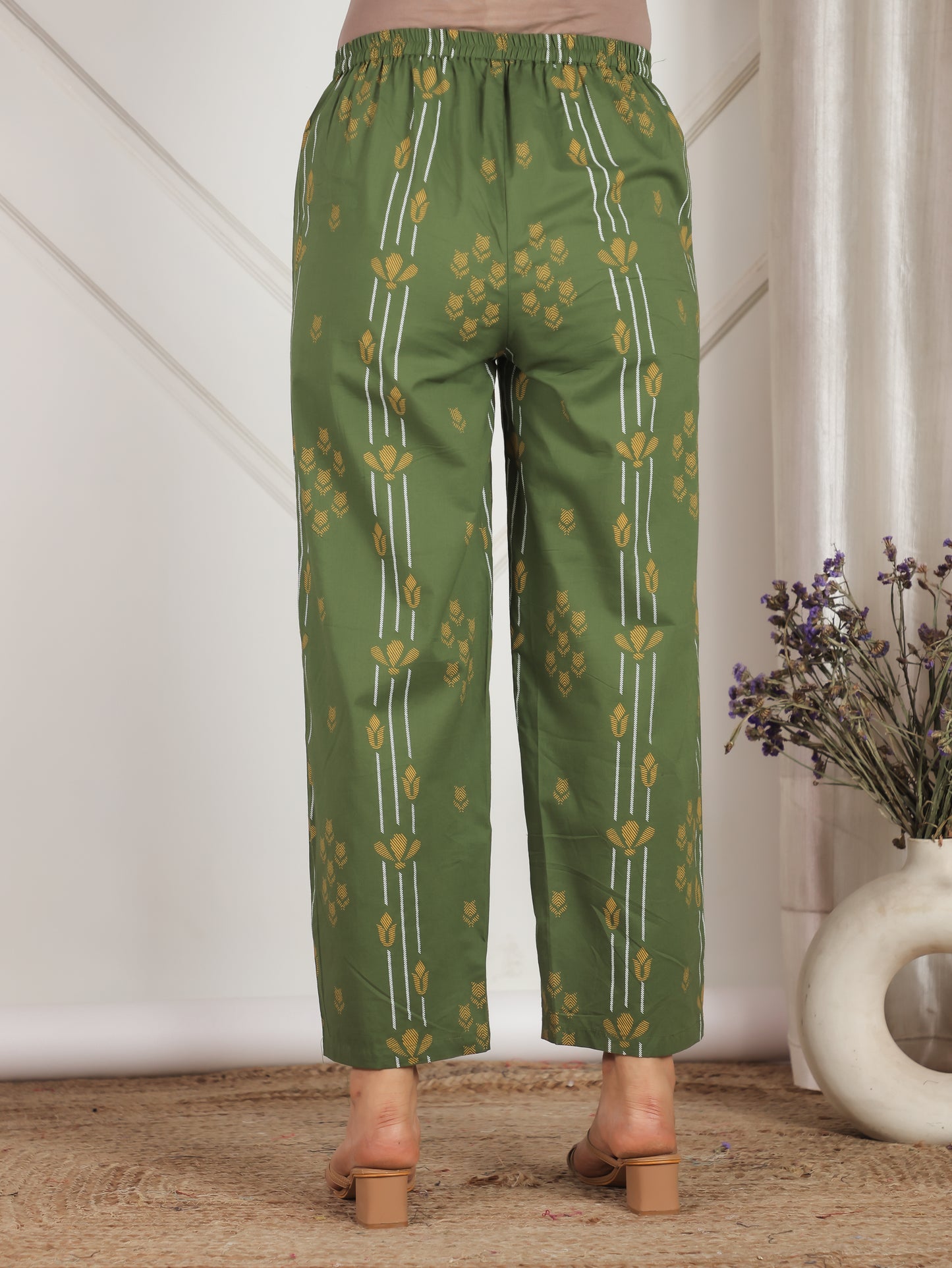 Soft Cotton Geometric Green Straight Trousers