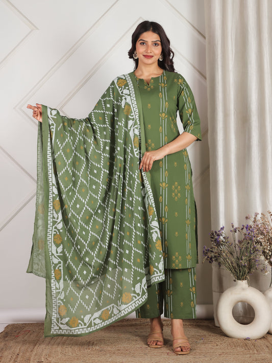 Cotton Voile Geometric Green Dupatta