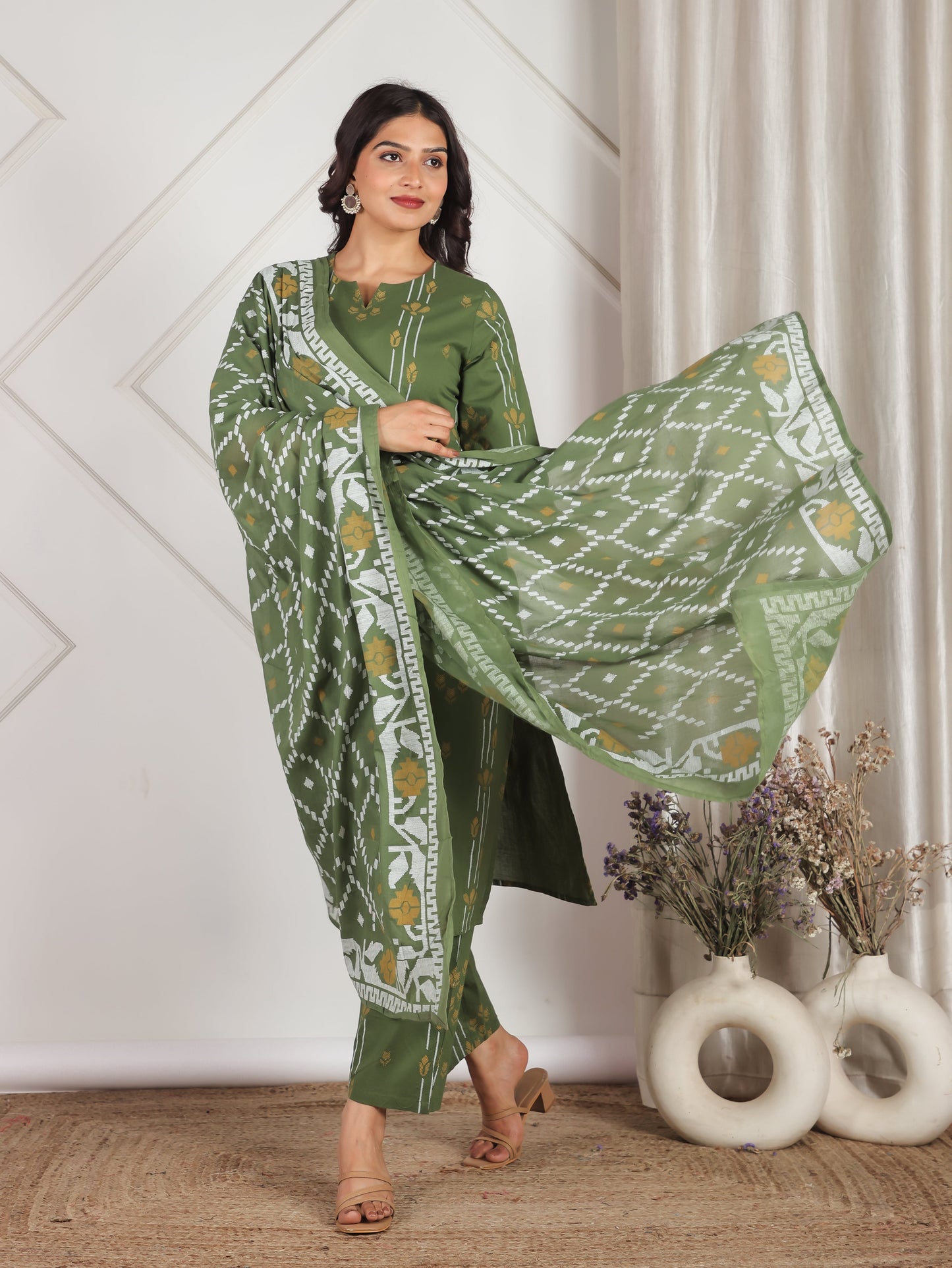 Cotton Voile Geometric Green Dupatta