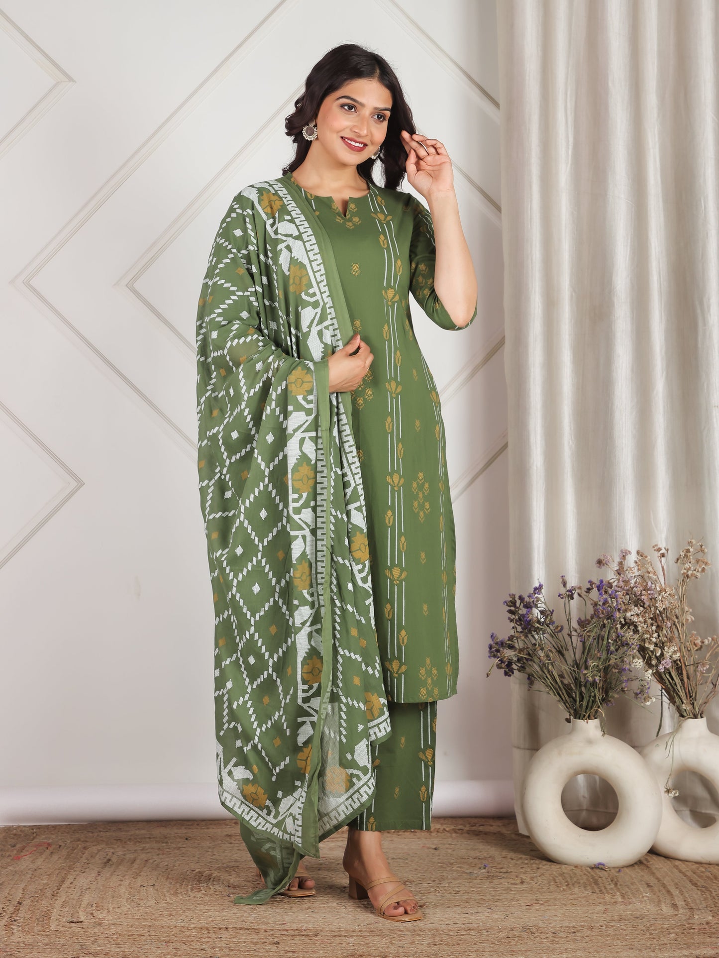 Cotton Voile Geometric Green Dupatta