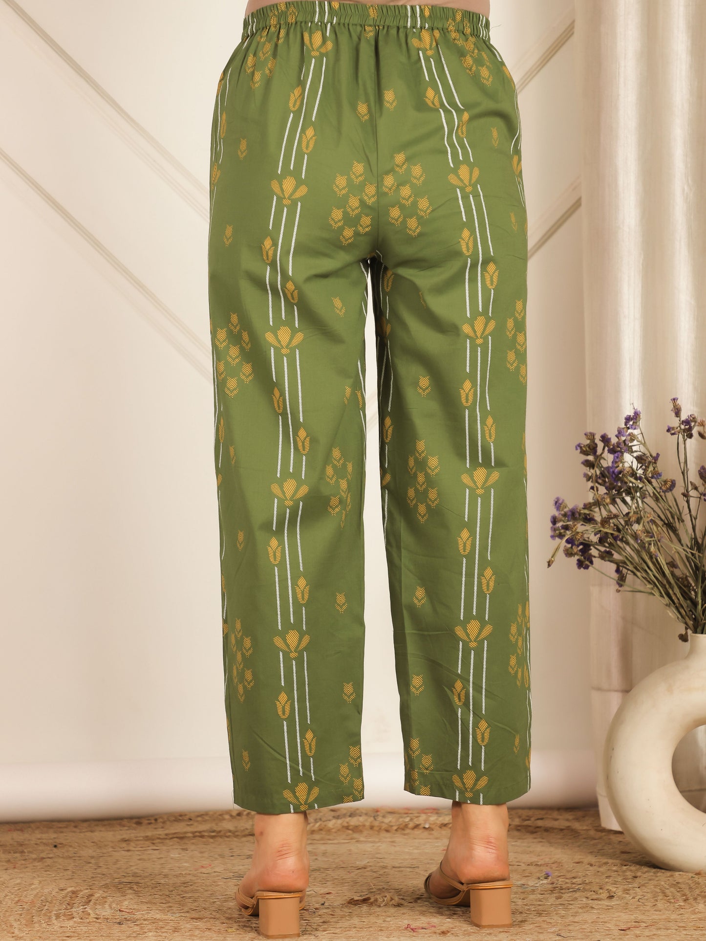 Soft Cotton Geometric Green Straight Trousers
