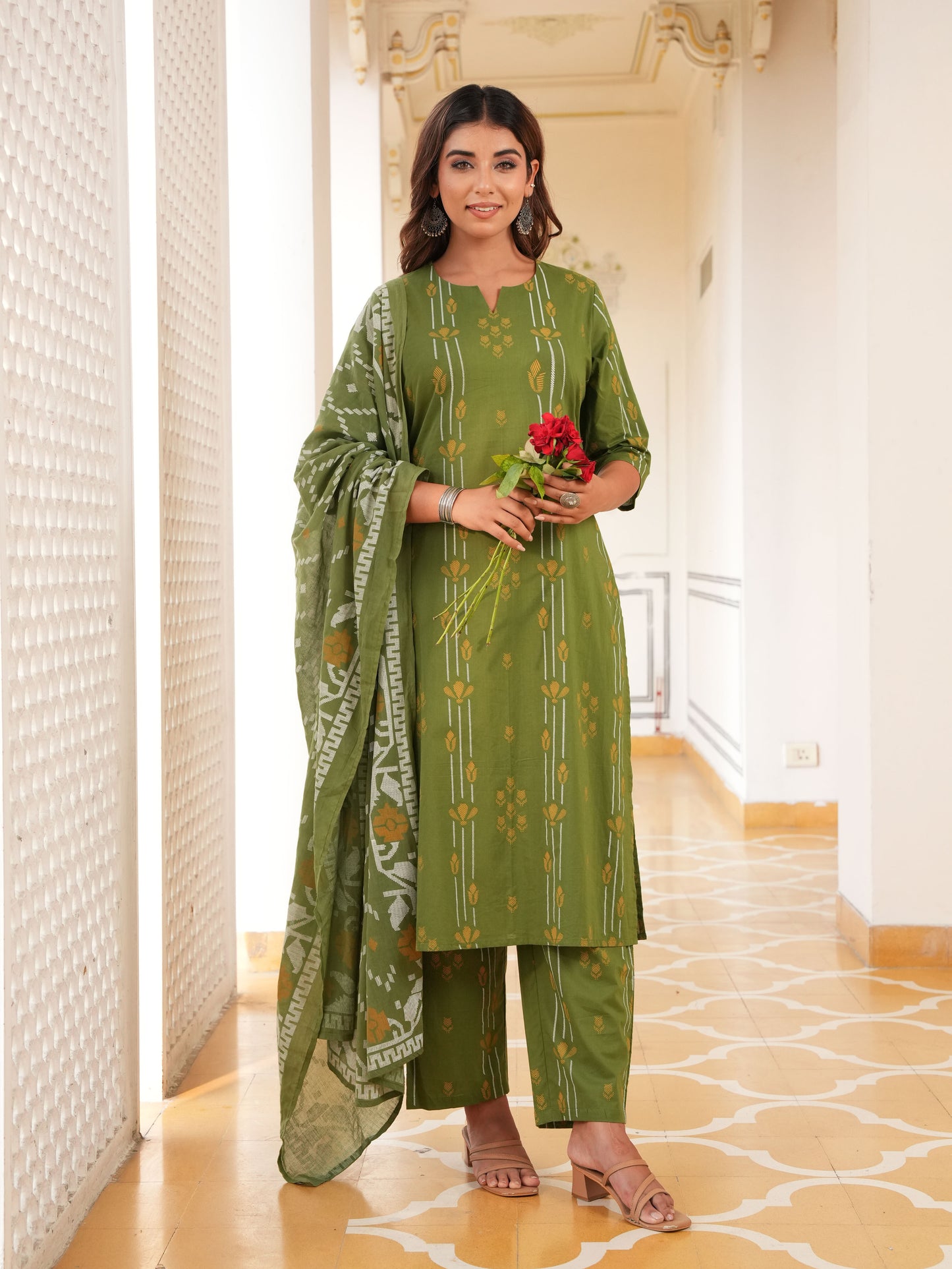 Soft Cotton Geometric Straight Green Kurta