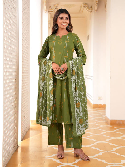 Cotton Voile Geometric Green Dupatta
