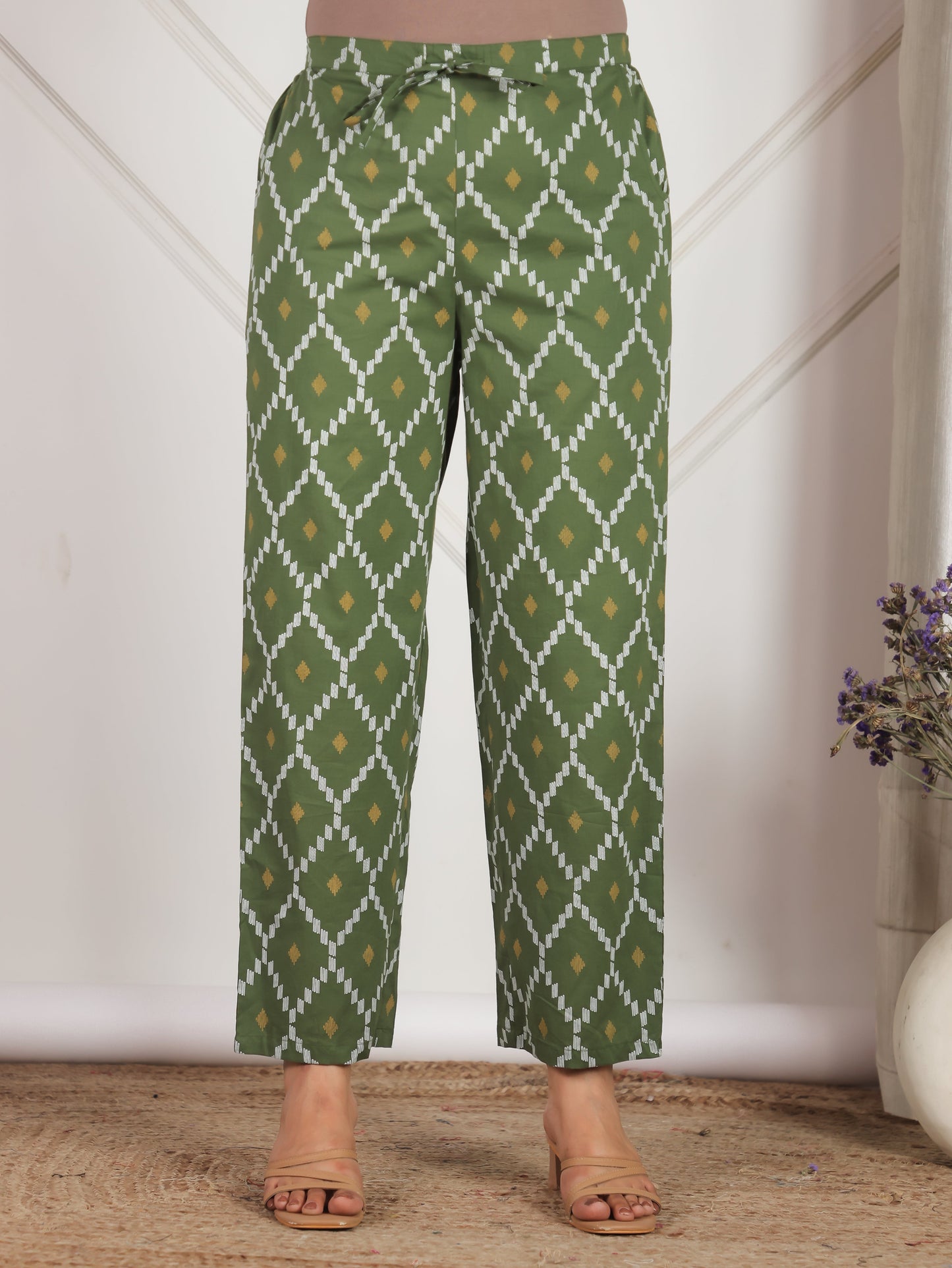 Soft Cotton Geometric Green Straight Trousers