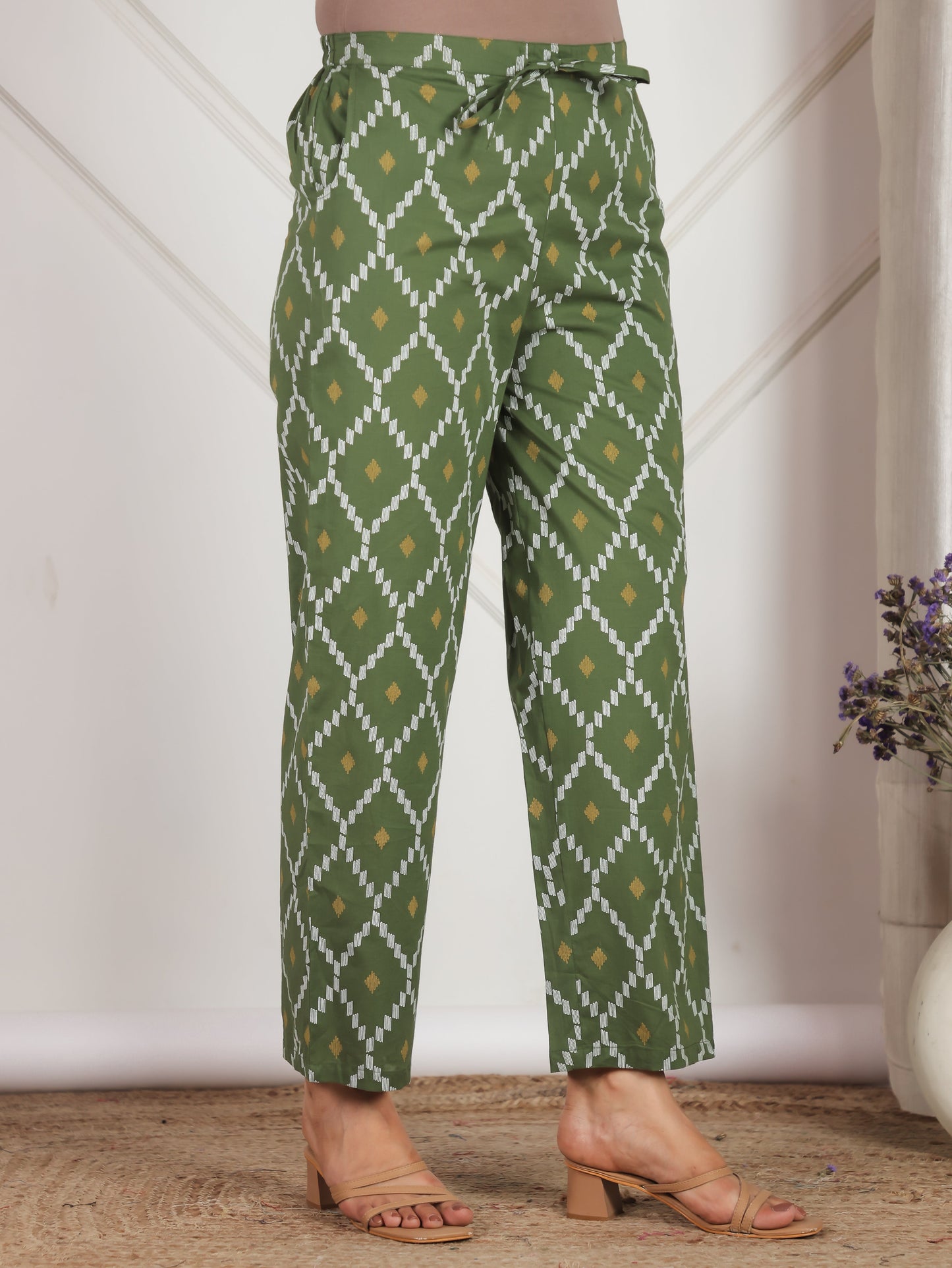 Soft Cotton Geometric Green Straight Trousers