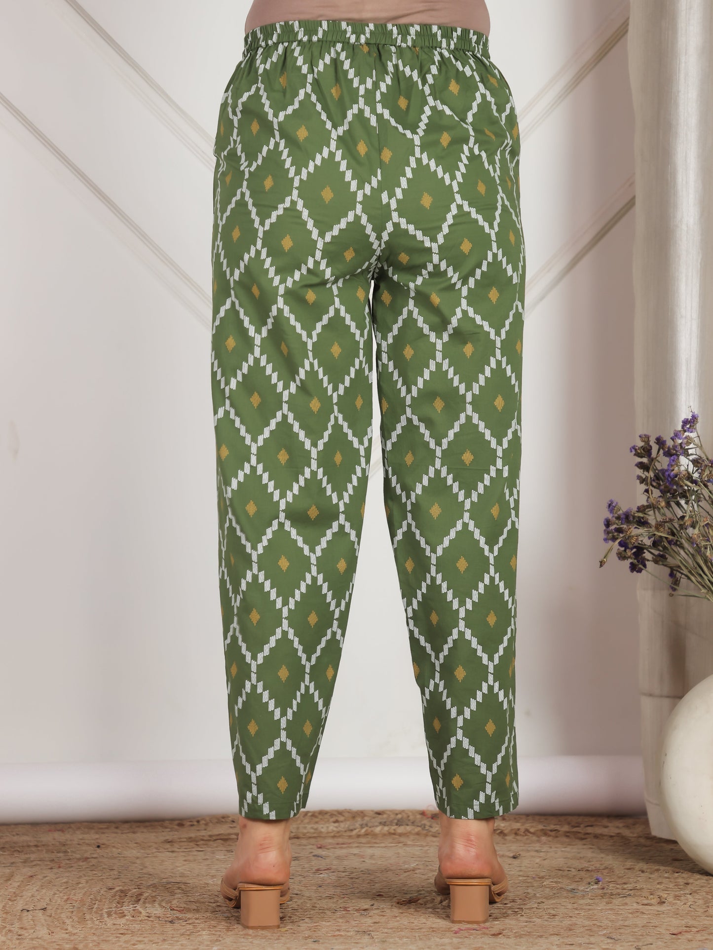 Soft Cotton Geometric Green Straight Trousers