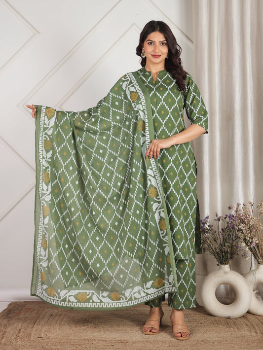 Cotton Voile Geometric Green Dupatta