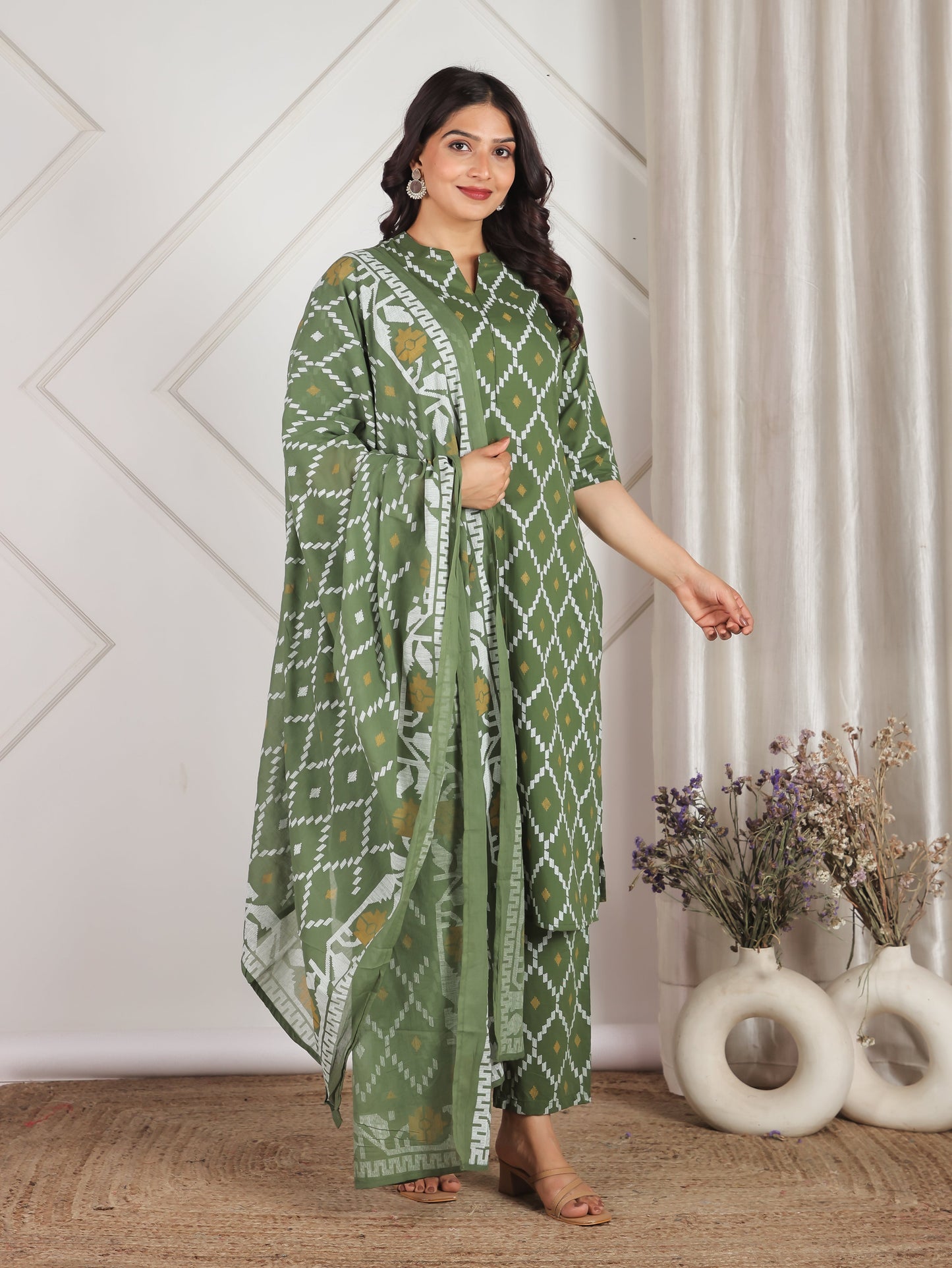Cotton Voile Geometric Green Dupatta