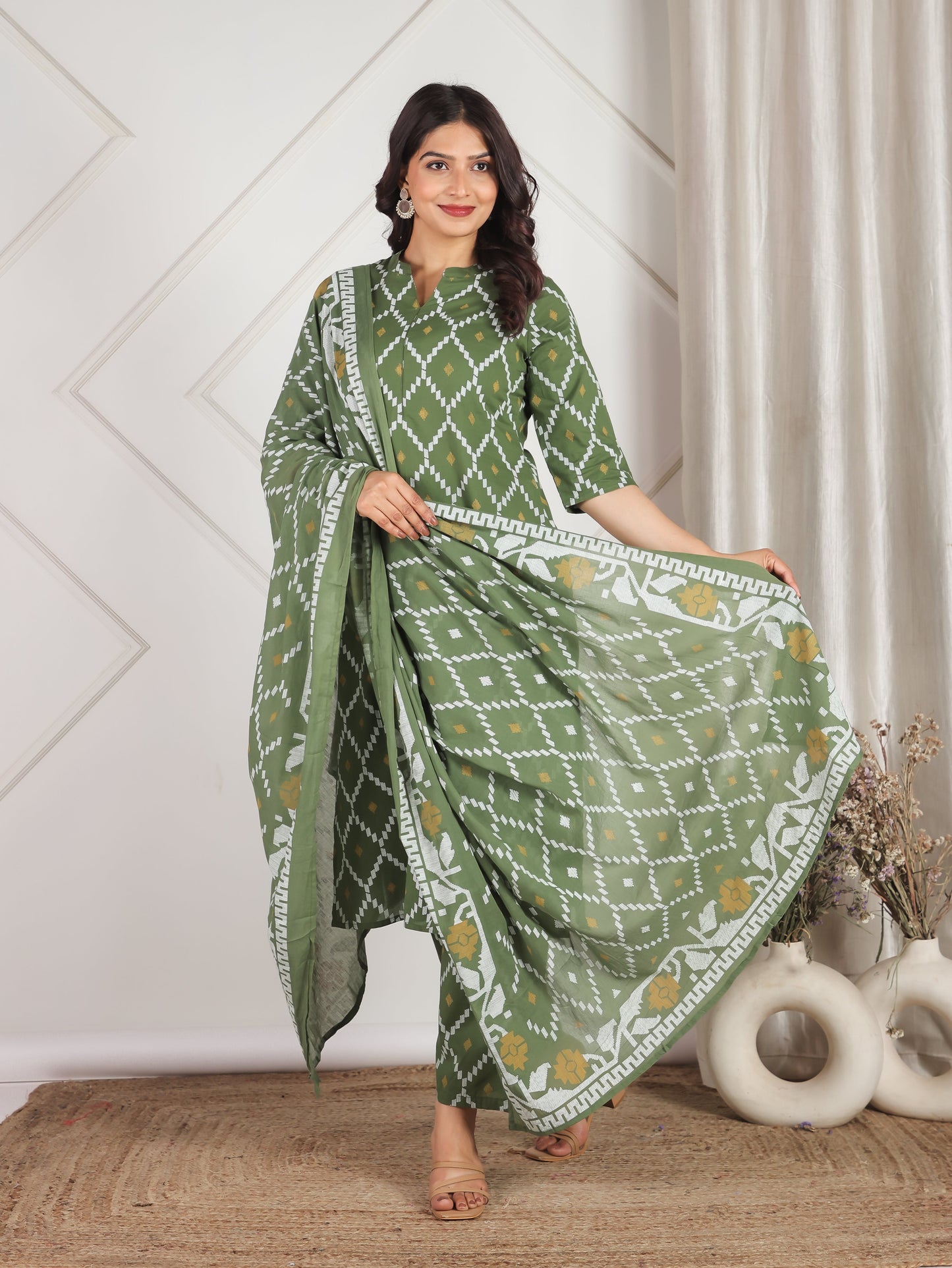 Cotton Voile Geometric Green Dupatta