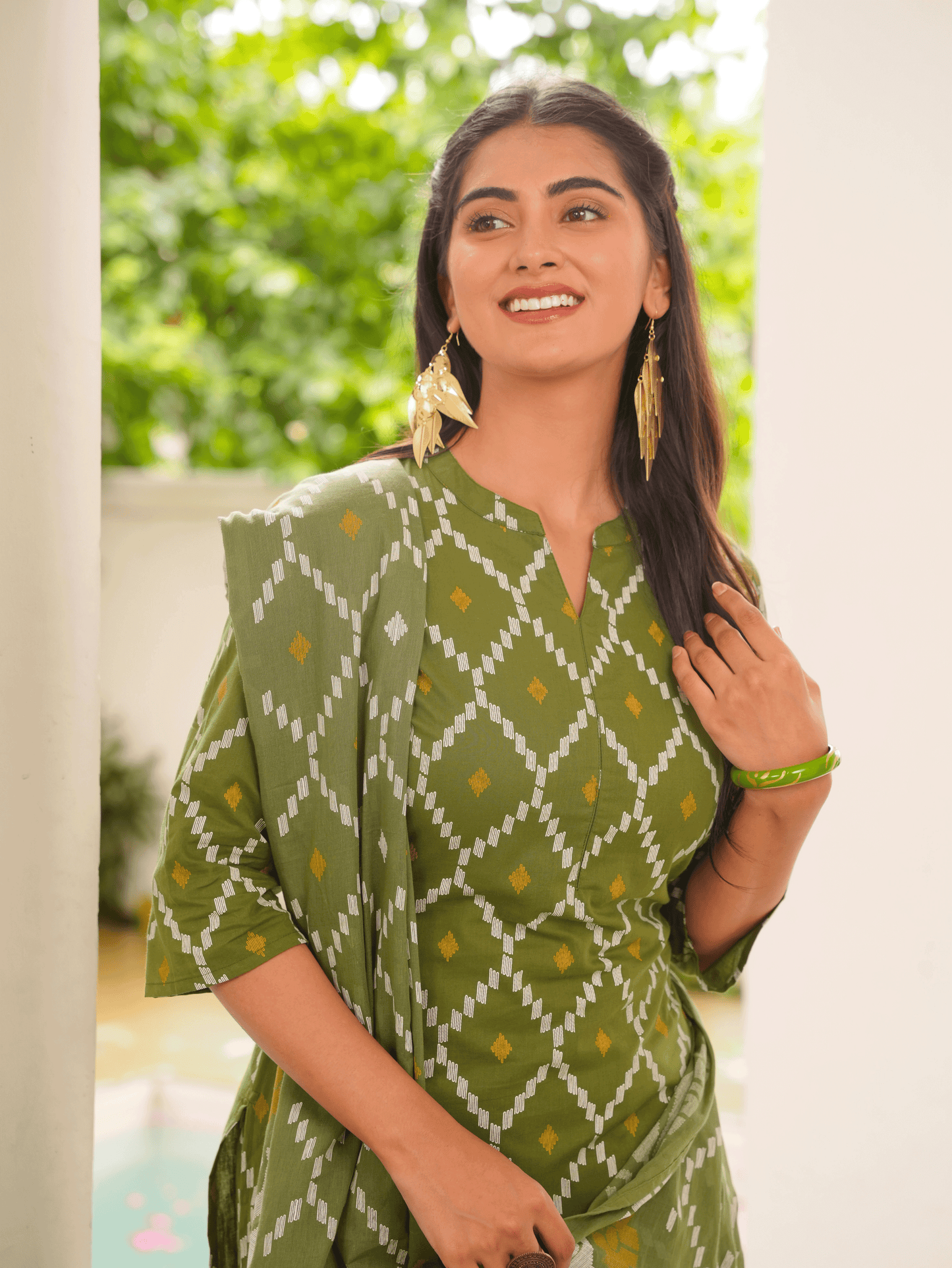 Soft Cotton Geometric Straight Green Kurta