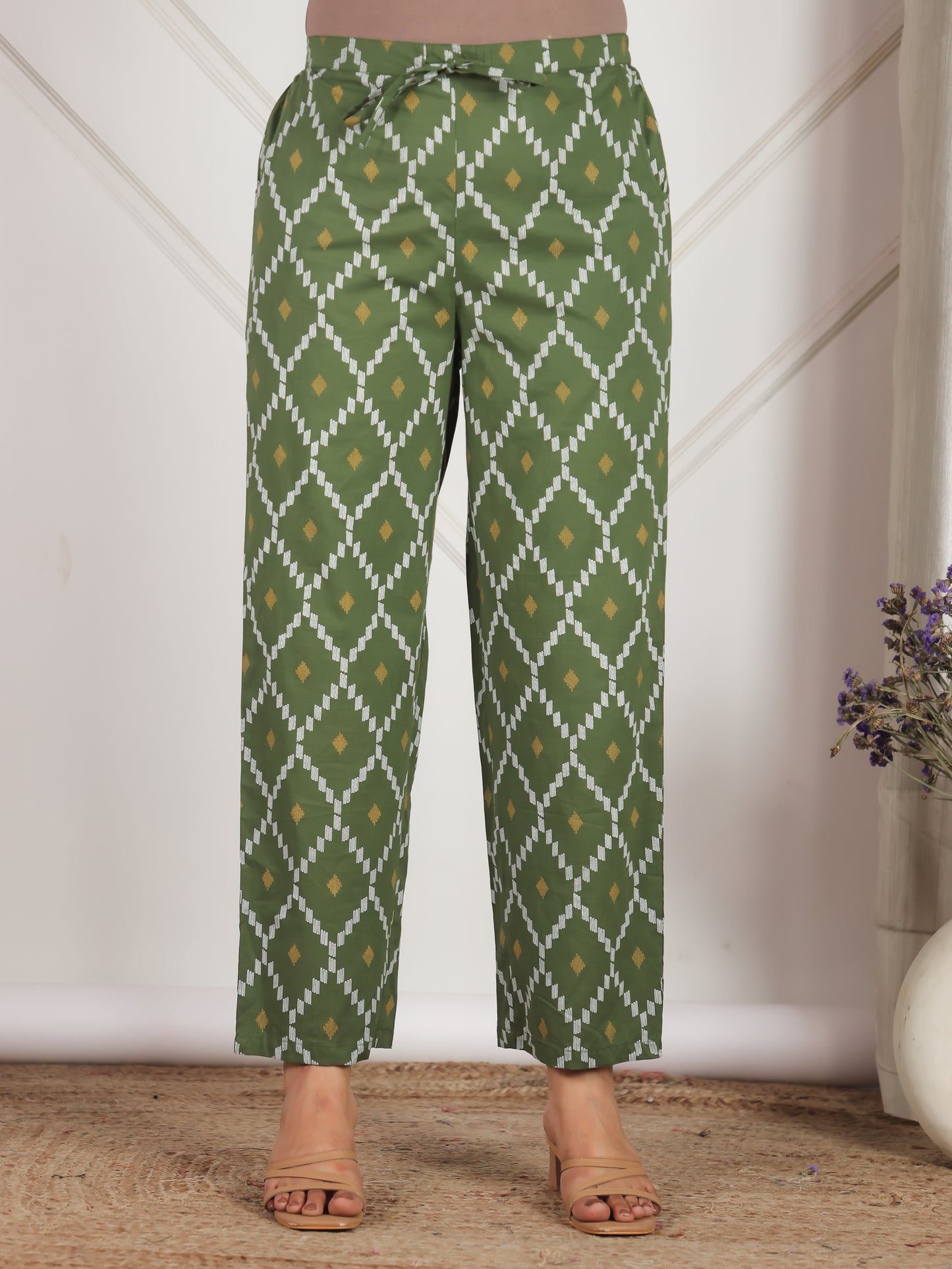 Soft Cotton Geometric Straight Green Kurta