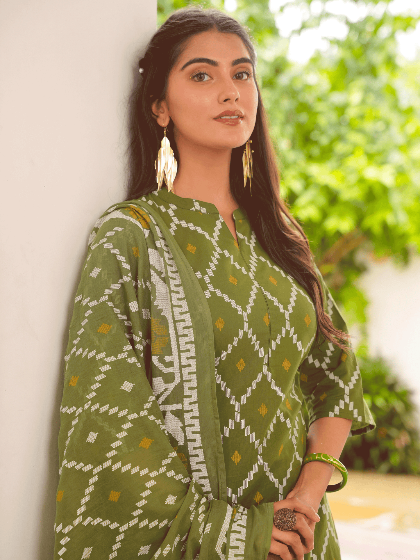 Cotton Voile Geometric Green Dupatta