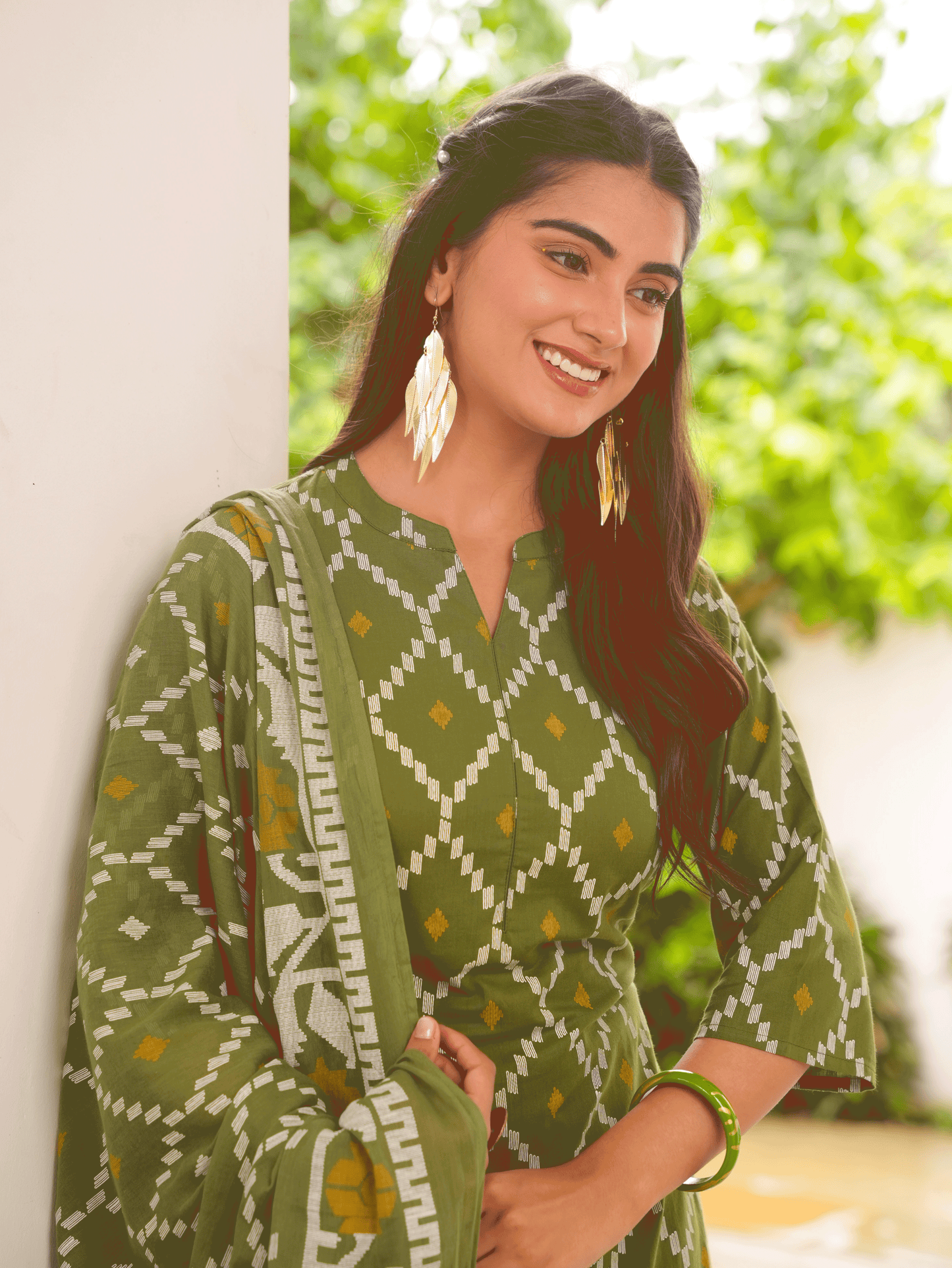 Cotton Voile Geometric Green Dupatta