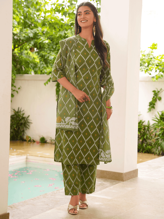 Cotton Voile Geometric Green Dupatta