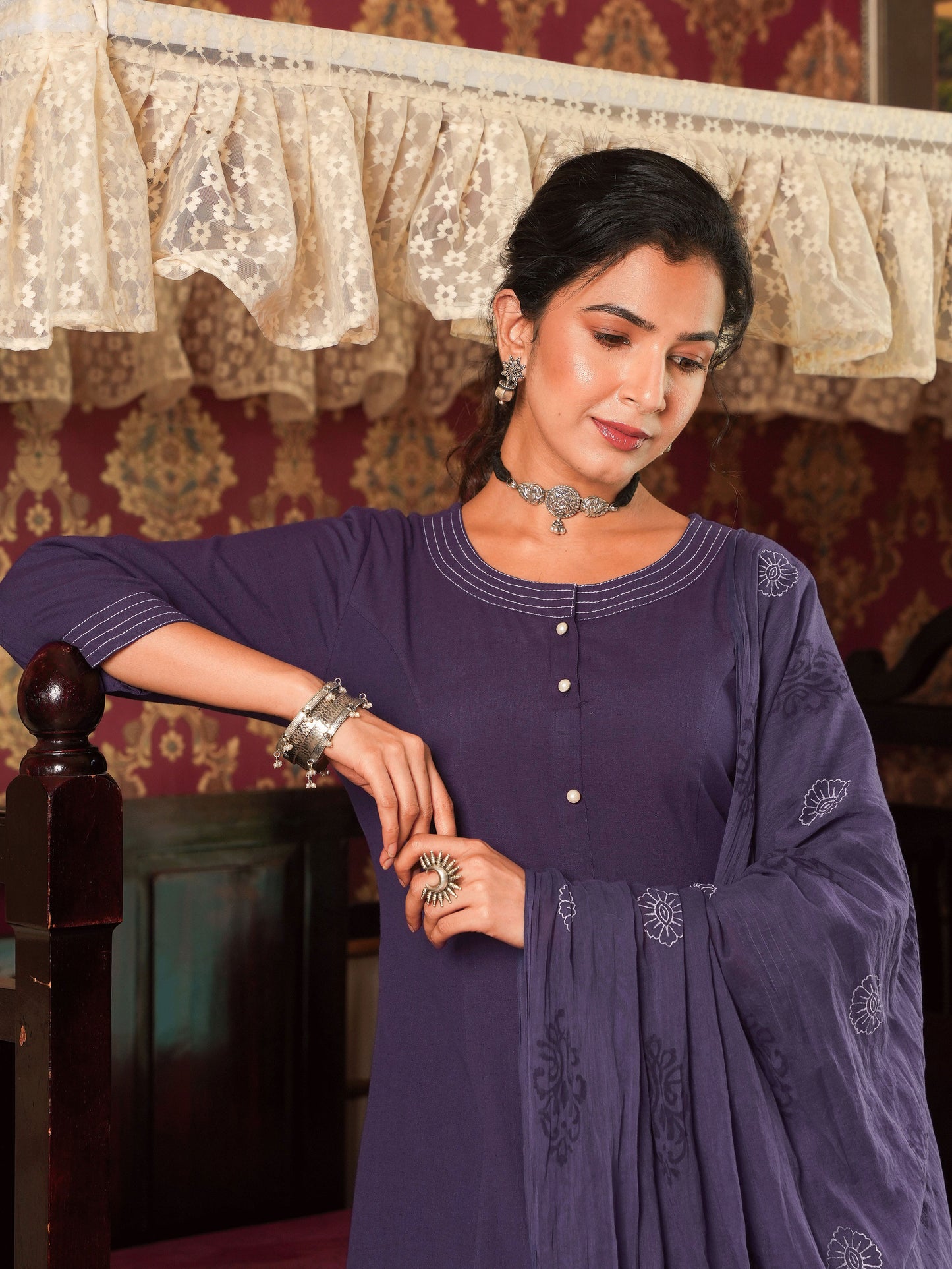 Embroidered Linen Cotton Solid A-line Purple Kurta